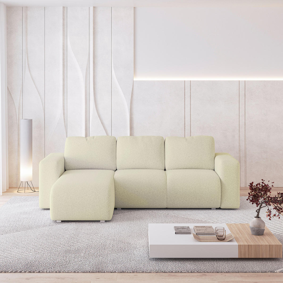 ECKSOFA RINOVA Creme Boucle-Stoff mit Schlaffunktion - Creme, Holz (250/143cm) - MASSENO