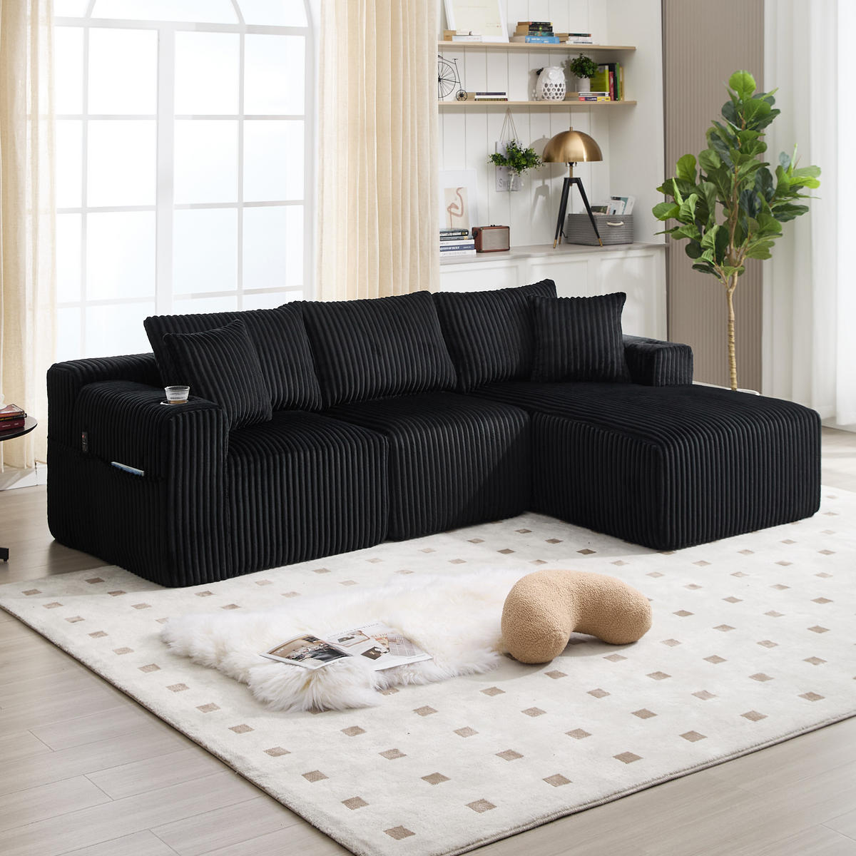ECKSOFA 257/160/80 cm Schwarz mit Seitliche Staufächer und Getränkehalter - Schwarz, Textil (257/160cm) - Oxeza