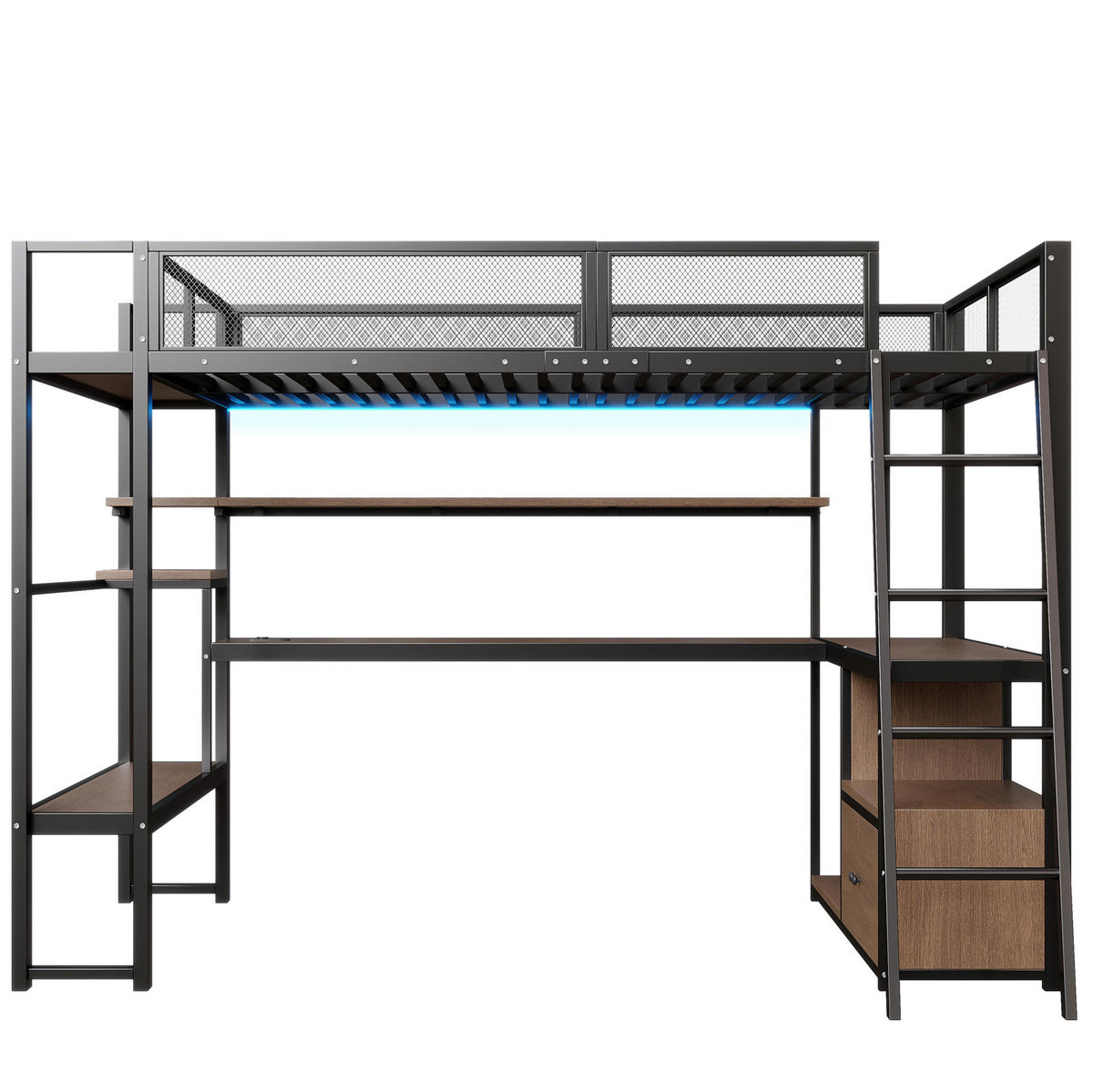 HOCHBETT aus Metall und MDF 140x200 cm Schwarz mit Schreibtisch, LED-Beleuchtung und Stauraum - Schwarz, Holzwerkstoff (140/200cm) - IVMEU