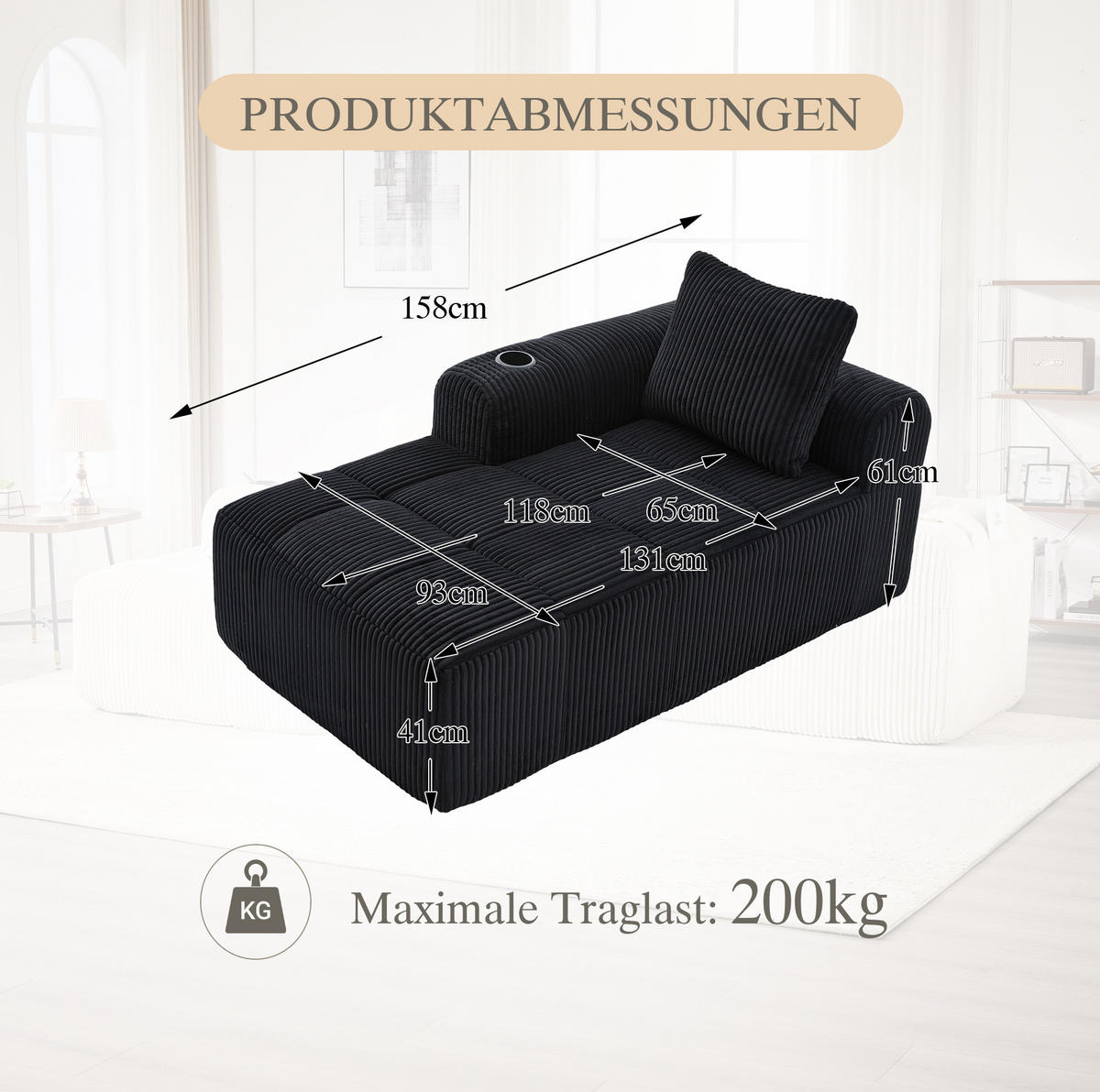 SOFA Cord mit Seitenfächern und Becherhaltern 158/93/61 cm Schwarz - Schwarz, Textil (93/61/158cm) - Redom