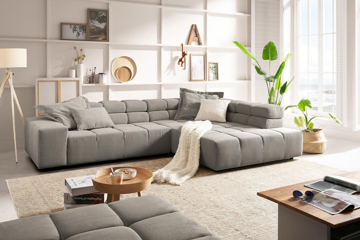 ECKSOFA MIT MOTORISCHEM SITZVORZUG NEVADA Grau Cord - Schwarz/Grau, Kunststoff/Textil (319/215cm) - KAWOLA