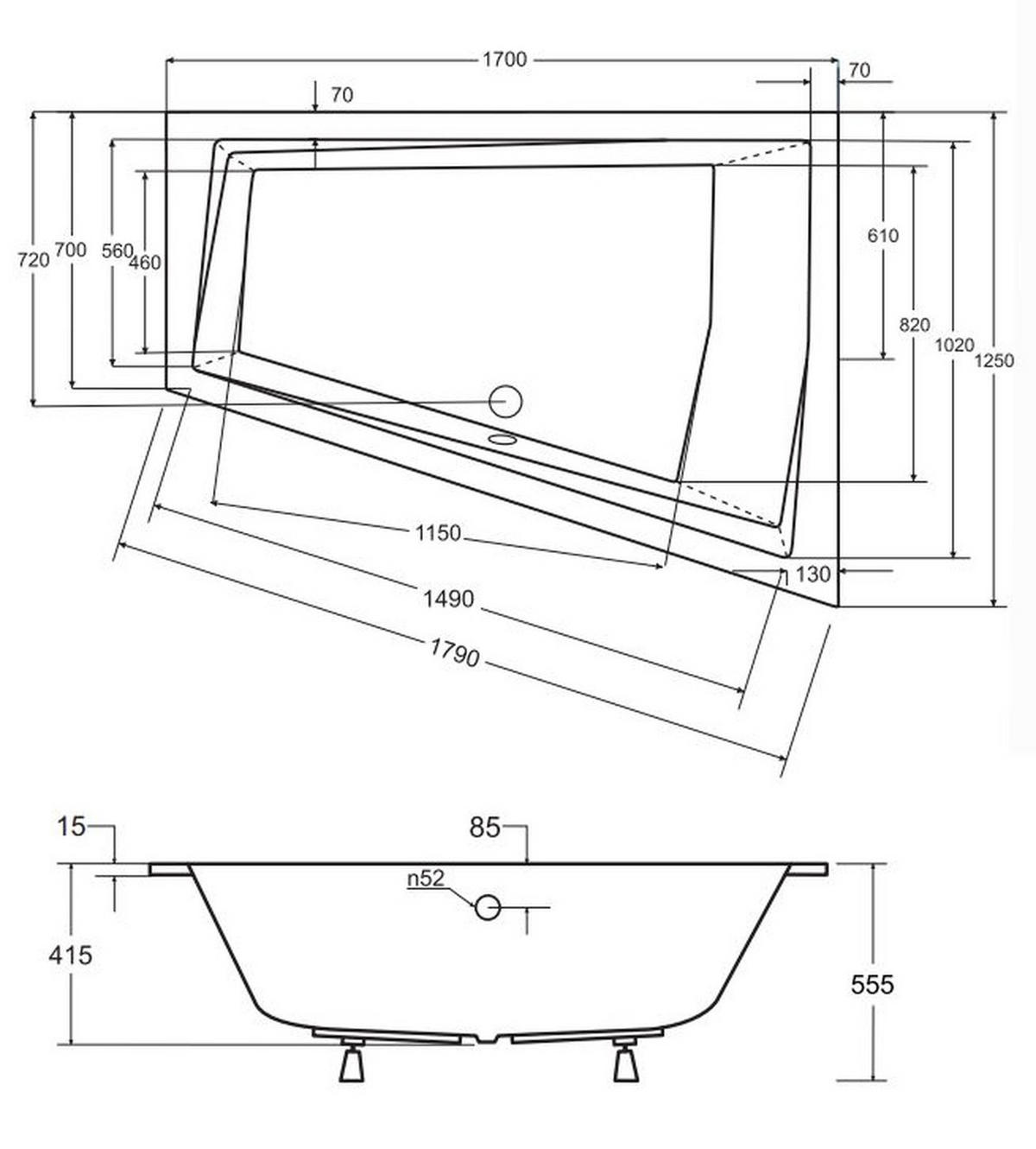BADEWANNE Eckwanne INTIMA SLIM 170/125 Rechts Ablauf & Füße - Weiß, Kunststoff (125/55.5/170cm) - bad land