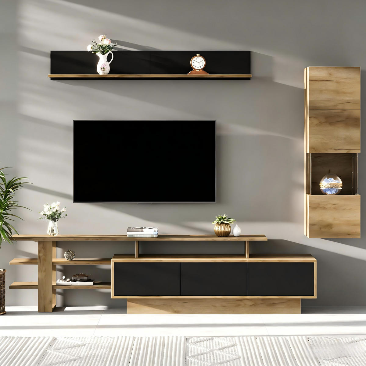 TV-WOHNWAND 3-tlg. 180 cm MDF/Acryl Natural+Black mit LED - Schwarz, Holzwerkstoff (40/45/150cm) - Beauniv