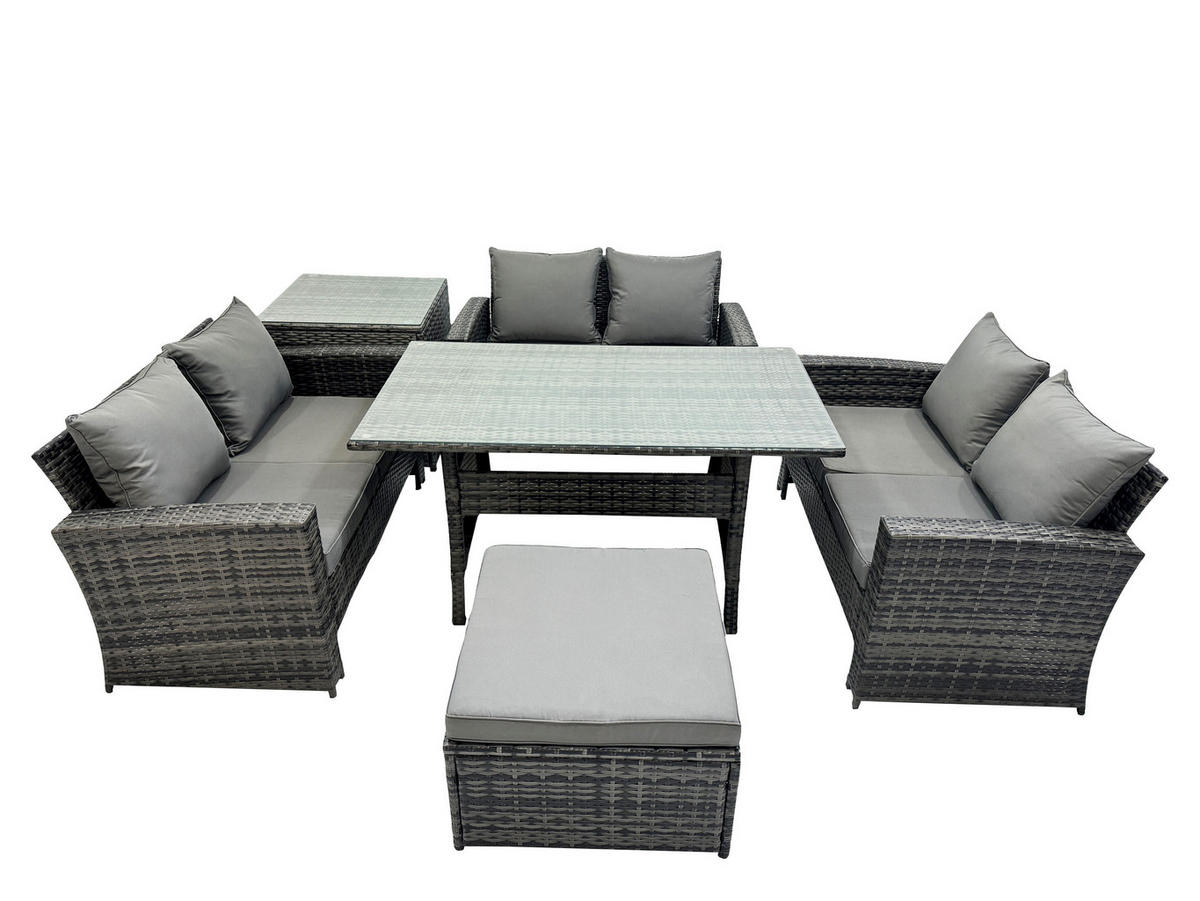 GARTENMÖBELSET mit Zweisitzer,Esstisch,Hocker,Beistelltisch Polyrattan Dunkelgrau 7-Sitzer - Dunkelgrau/Grau, Glas/Kunststoff - Fimous