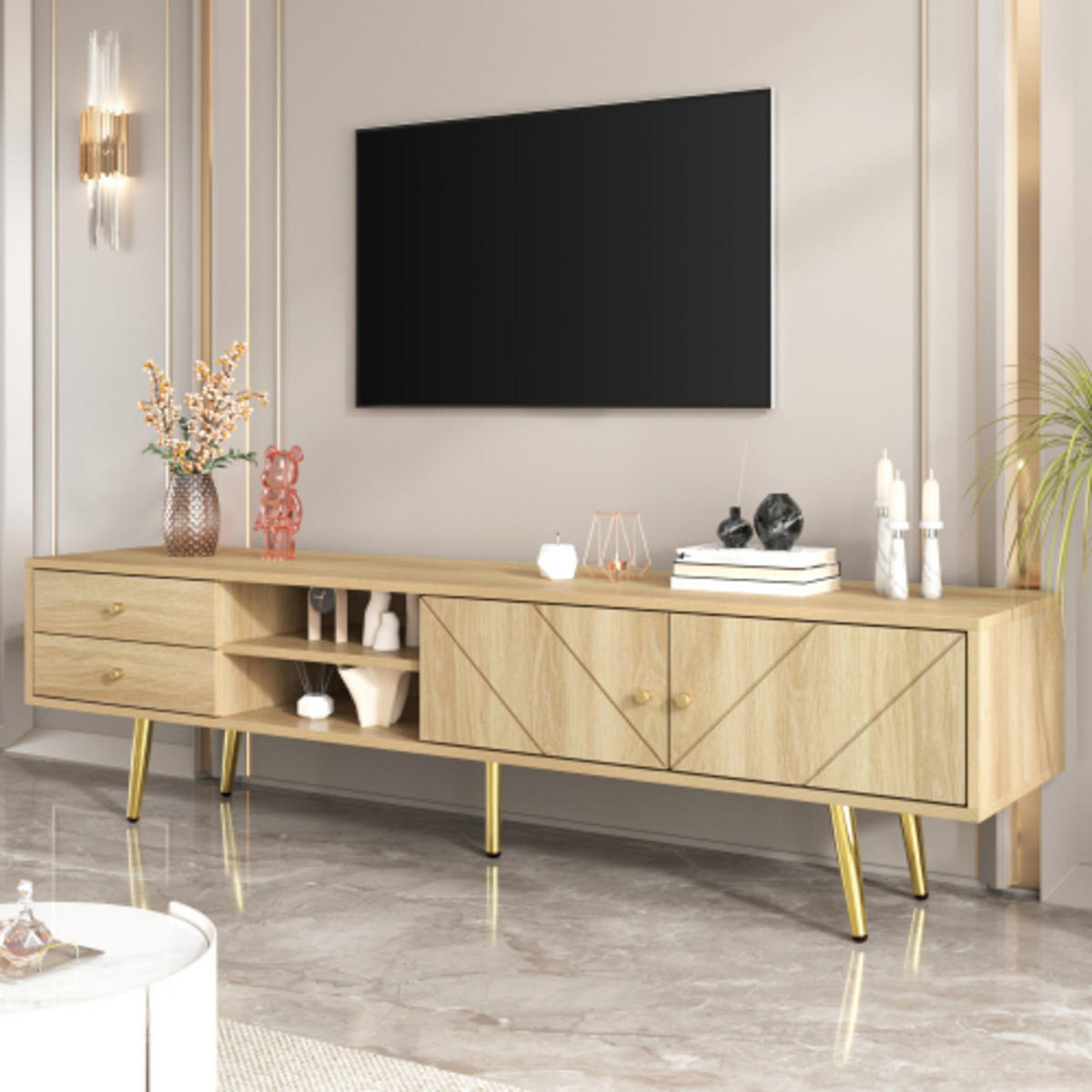 LOWBOARD Holzoptik mit schräger Rillenfront & goldenen Metallfüßen 160×36×42 cm aus MDF und Spanplatte - Zwetschgeholzfarben, Holzwerkstoff (160/42/36cm) - Luhomfu