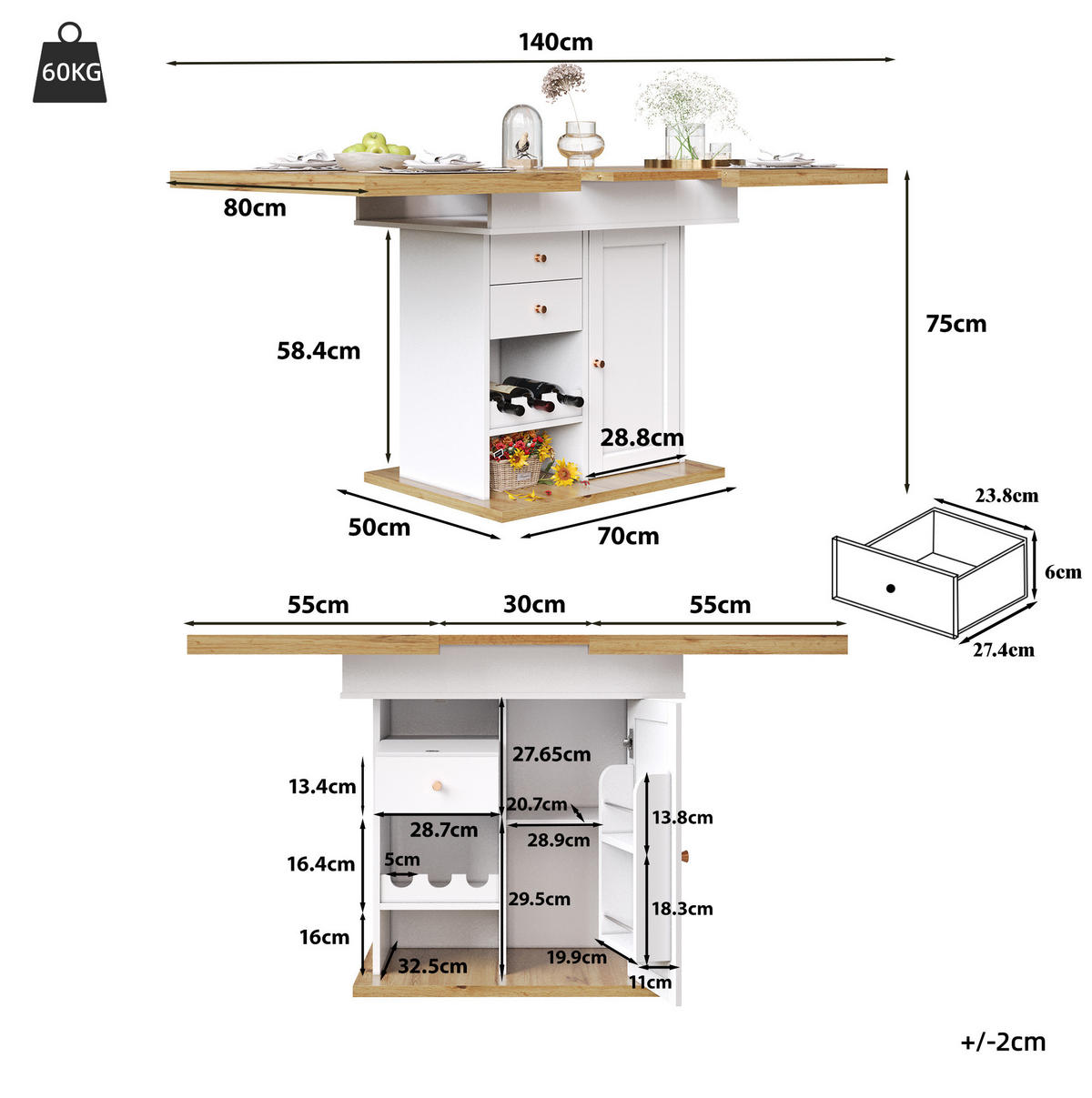 ESSTISCH aus MDF 110-140x80x75 cm Natur/Weiß ausziehbar mit Schublade, Klapptür und Regalen für Snacks und Wein - Naturfarben, Holzwerkstoff (140/80/75cm) - Modfu