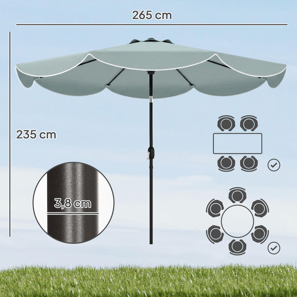 SONNENSCHIRM rund 265 cm DE-11595 Neigbar mit Volant Blau - Blau, Metall (265/265cm) - ComfortXL