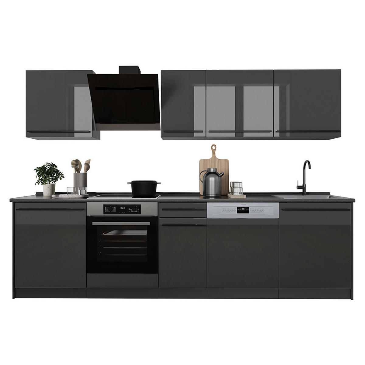 KÜCHENZEILE R-Line, Anthrazit Hochglanz/Anthrazit, 280 cm Arbeitsplatte Goldkraft Eiche - Schwarz Hochglanz/Anthrazit, Holzwerkstoff (280/206.8/60cm) - Vicco