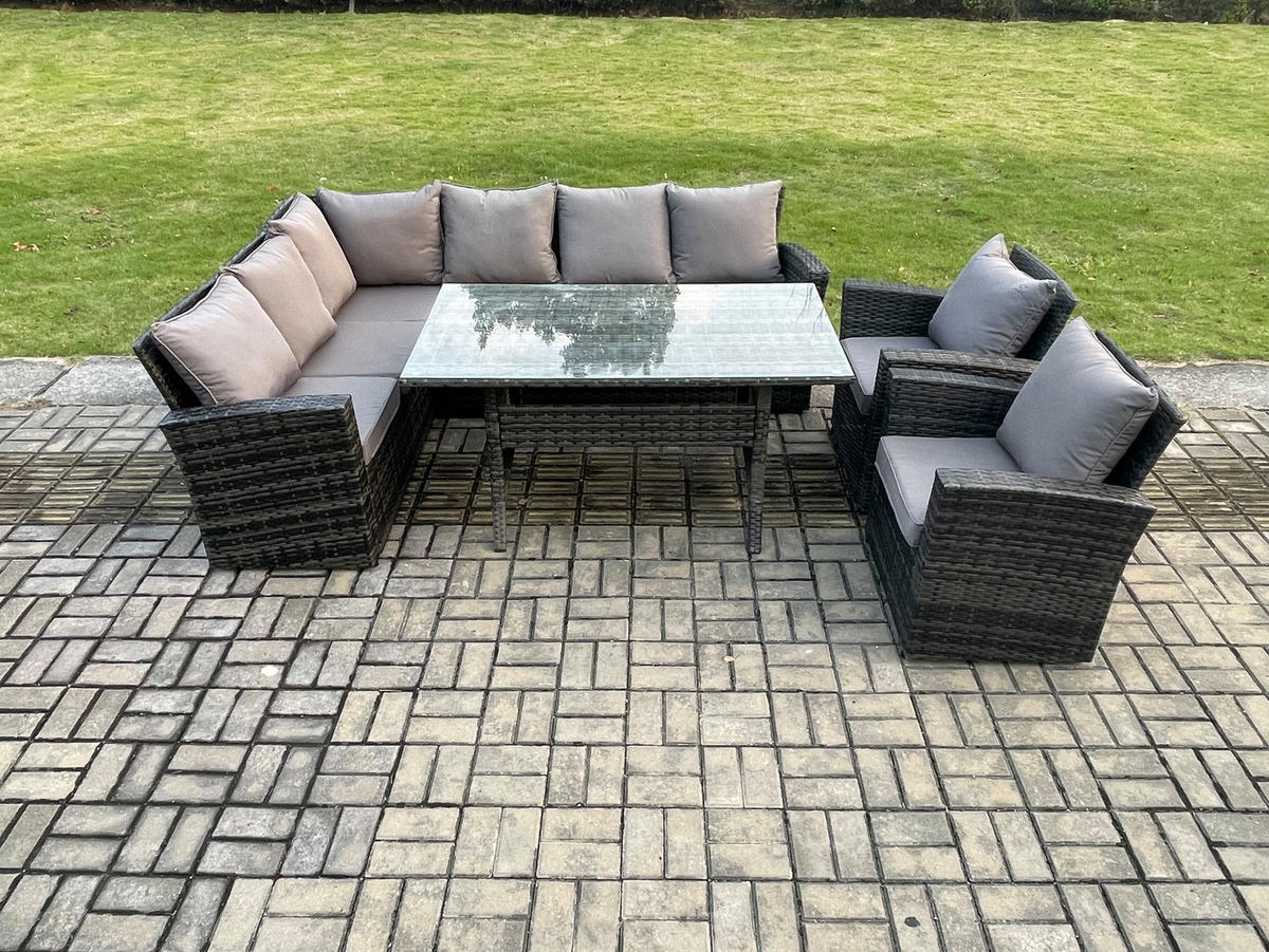 GARTENLOUNGE mit Ecksofa Polyrattan Dunkelgrau 8-Sitzer - Dunkelgrau/Grau, Glas/Kunststoff - Fimous