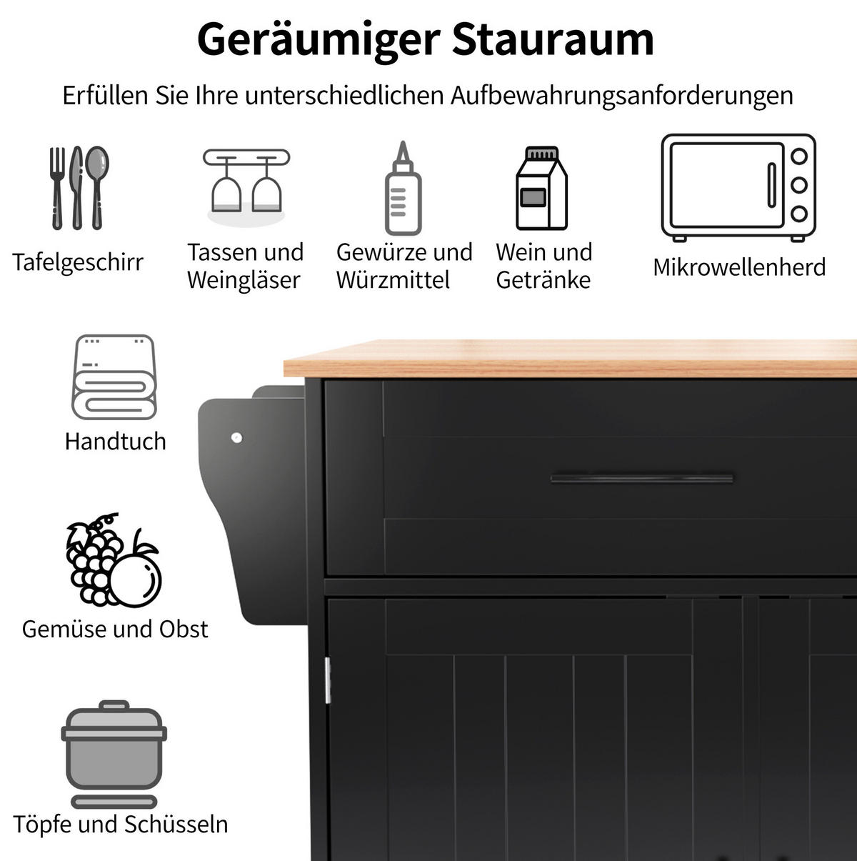 KÜCHENINSEL 129/71/91,5 cm schwarz natur mit Klappplatte und Rollen - Schwarz, Holzwerkstoff (129/91.5/71cm) - OKWISH