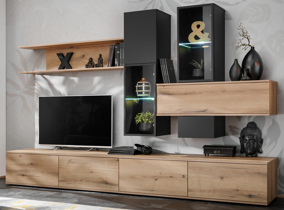 WOHNWAND Eiche, schwarz 280 cm, Schrankwand mit Push-to-Open inklusive Beleuchtung - Eichefarben/Schwarz, Glas/Holzwerkstoff (280/180/45cm) - Furn.Design