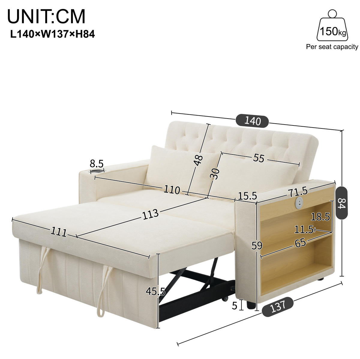 SCHLAFSOFA aus Chenille 140x137x84 cm Beige mit Schlaffunktion, USB-Anschluss, Getränkehalter und 3-fach verstellbarer Rückenlehne - Beige, Textil (137/84/140cm) - Modfu