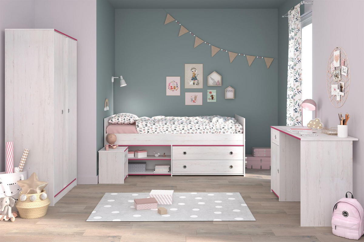 KINDERZIMMER-SET 4-tlg. Parisot Smoozy 26b Holzdekor Kiefer Weiß/Pink - Pink/Weiß, Kunststoff (100/1/200cm) - 58aufmkessel