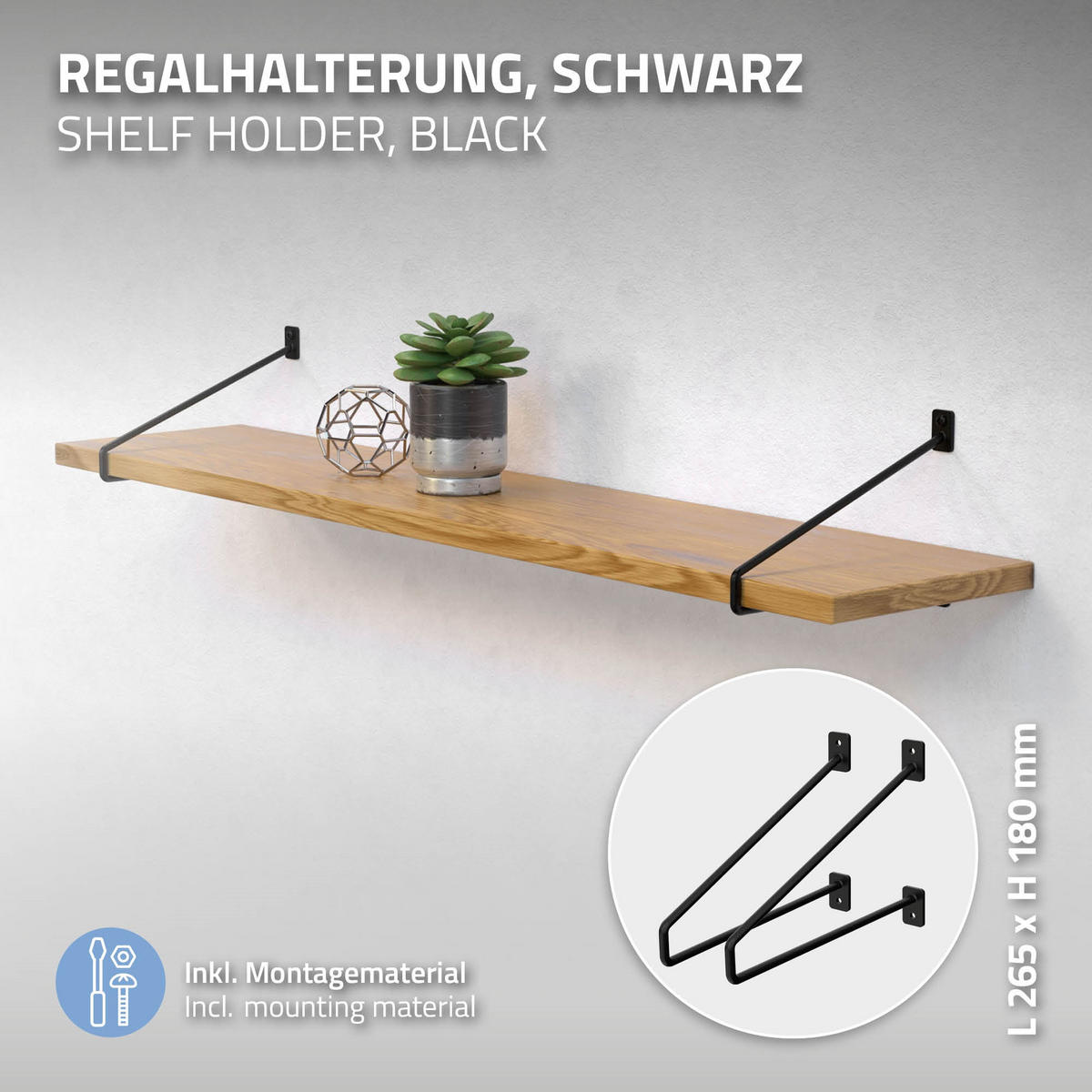 REGALHALTERUNG 2er Set 265mm Schwarz - Schwarz, Metall (18/2.3/26.5cm) - ML-DESIGN