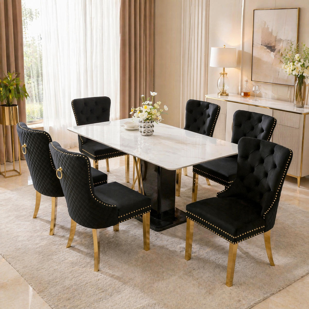 WOHNZIMMER STÜHLE mit Zugringen, Nagelkopfbesatz und Samtbezug Schwarz/Gold - Schwarz, Textil (51/95/65.5cm) - EVRYAE