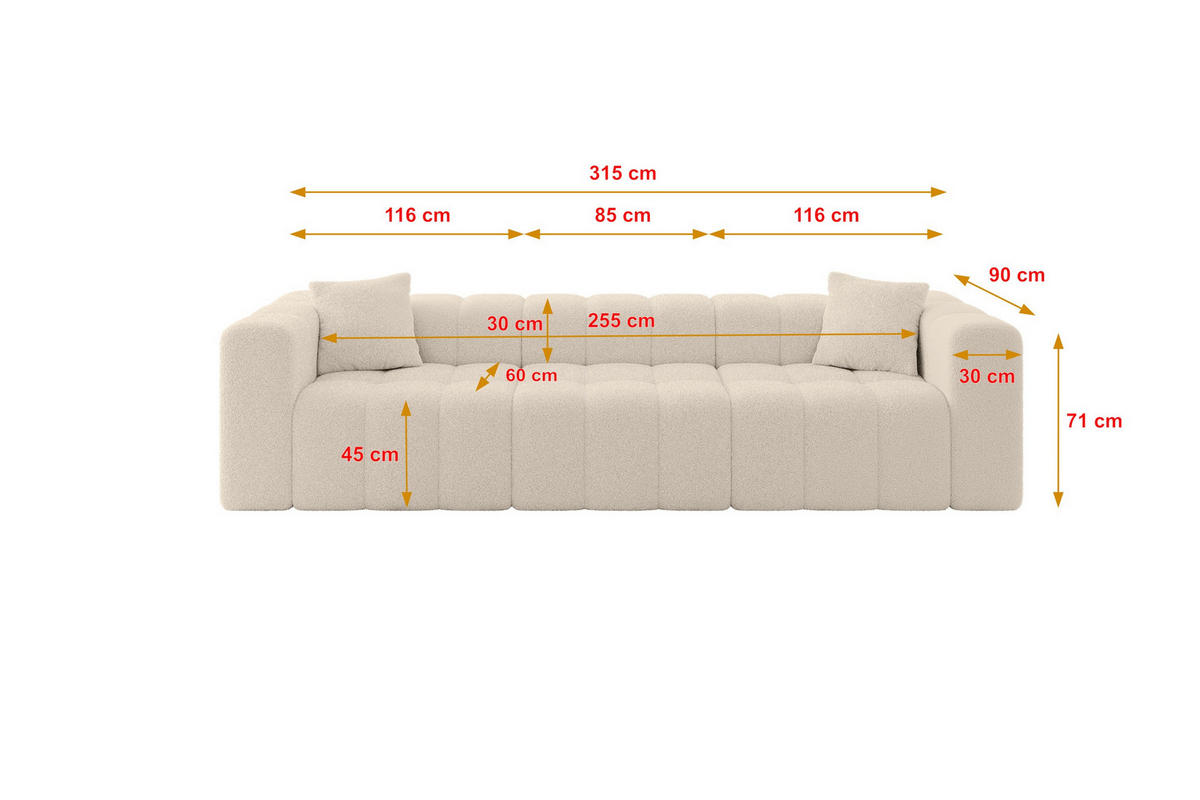 POHOVKA 3-MÍSTNÁ DONY-3 315x90x71 cm Tmavě béžová Buklé - kapučínová/černá, kompozitní dřevo/textil (315/71/90cm) - ALTDECOR