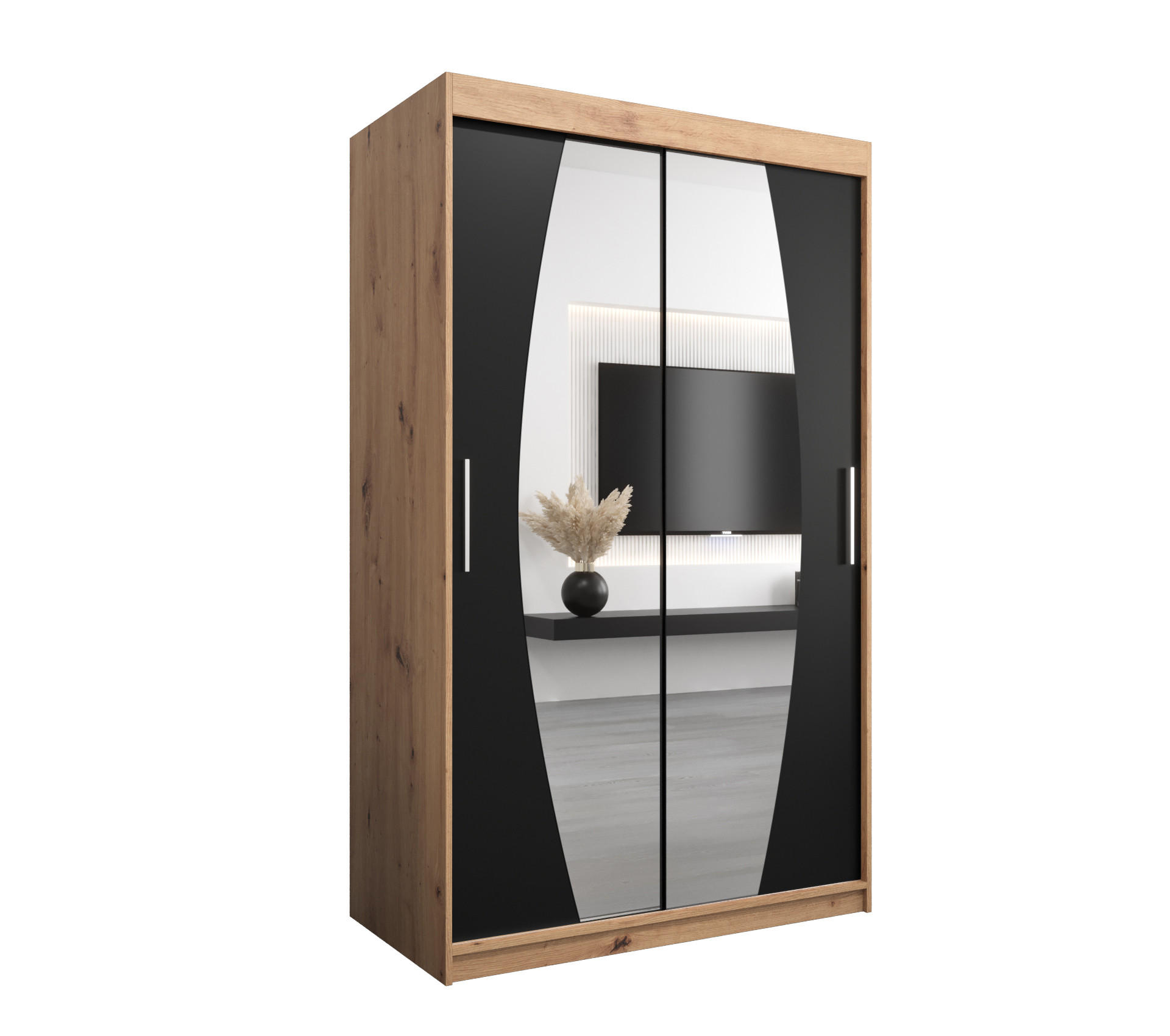 Abiks Möbel Schwebetürenschrank Eiche Artisan, Schwarz 120x200x62 cm