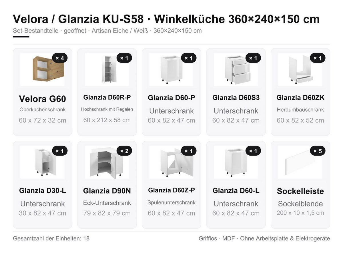 WINKELKÜCHE 360 × 240 × 150 cm Velora / Glanzia – KU-S58 – Artisan Eiche / Weiß - Weiß Hochglanz, Holzwerkstoff (360/212/58cm) - hi-markt