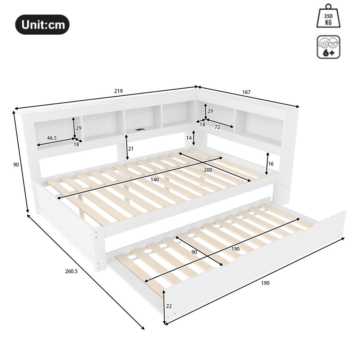 MULTIFUNKTIONSBETT 140/200 cm Weiß mit ausziehbarem Bett und USB-Anschlüssen - Weiß, Holz (140/200cm) - OKWISH