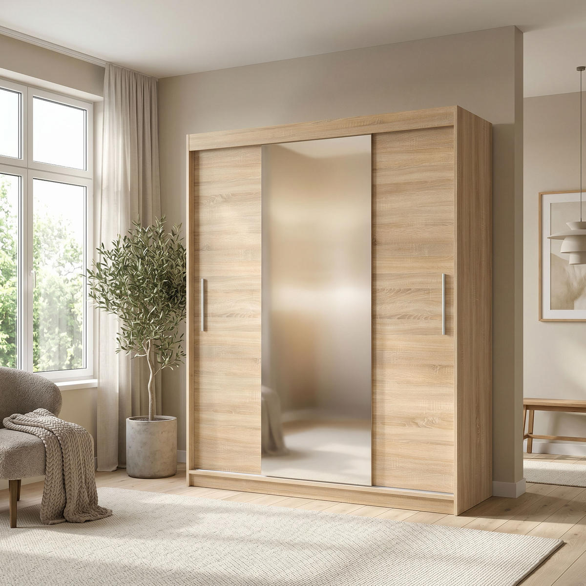 SCHWEBETÜRENSCHRANK VIVA 180/215,5/59cm 2-türig mit Spiegel Sonoma Eiche - Sonoma Eiche, Holzwerkstoff (180/215.5/59cm) - MASSENO