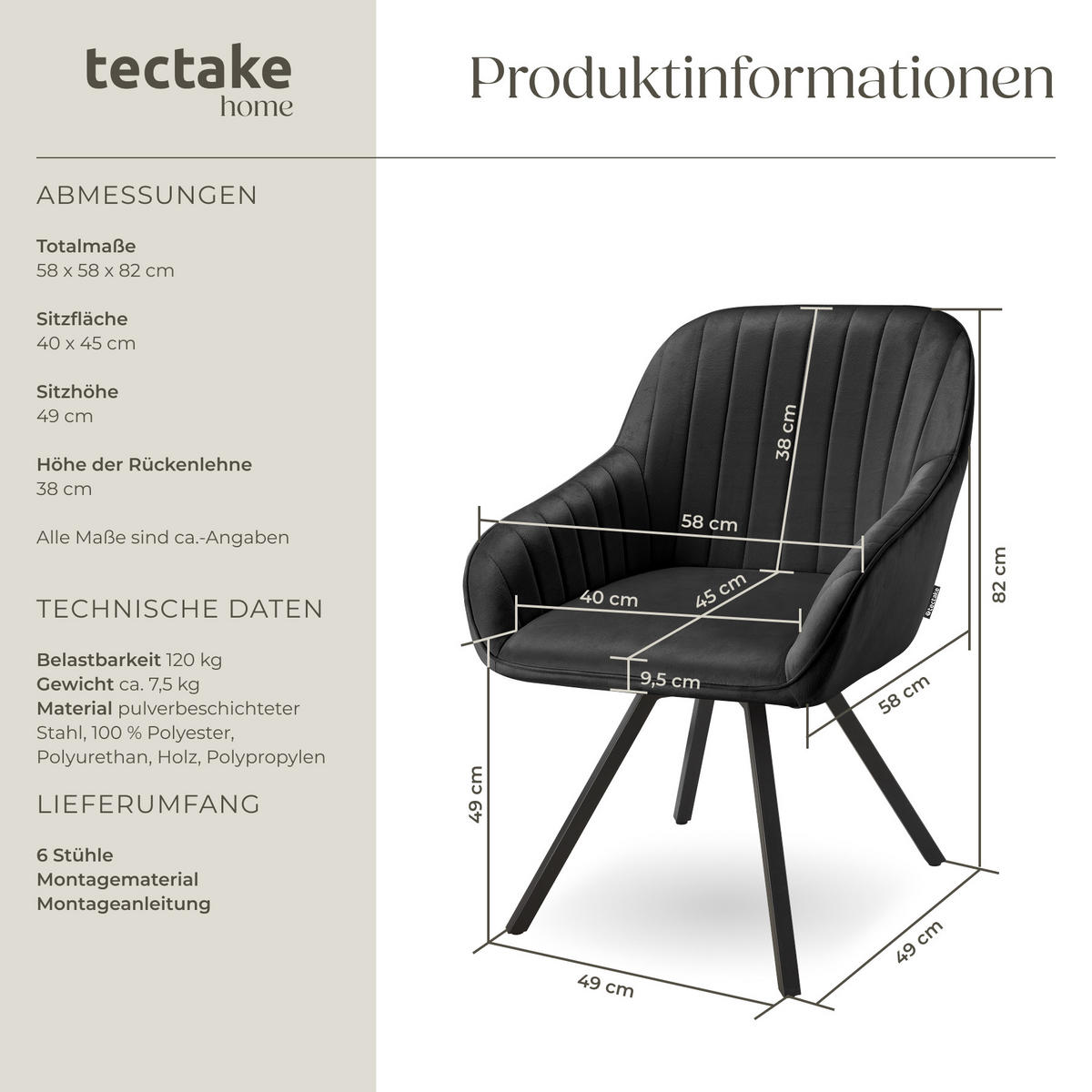 ARMLEHNSTUHL 6er Set drehbar Snug 58 x 58 x 82 cm, schwarz - Schwarz, Textil (58/82/58cm) - tectake