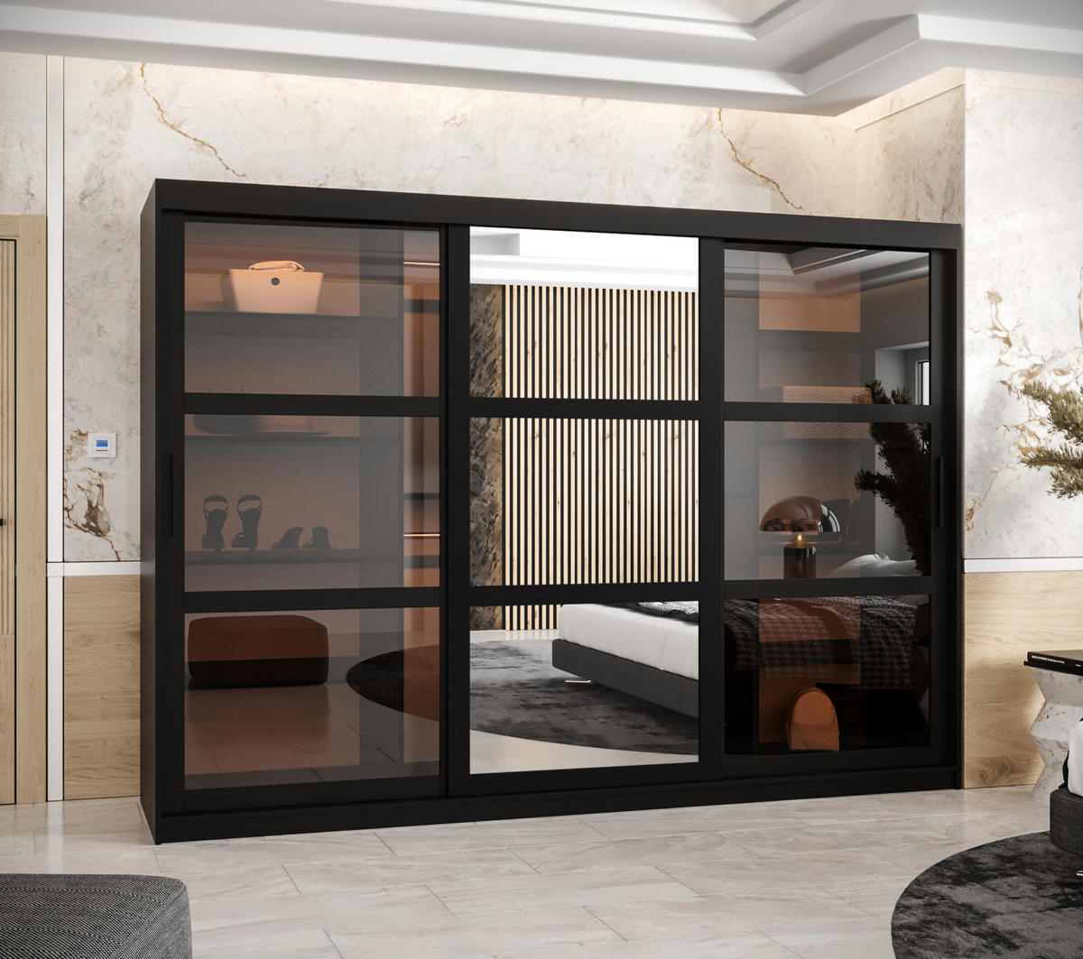 SCHWEBETÜRENSCHRANK 200/250/62 3-türig - Schwarz, Holz/Kunststoff (250/200/62cm) - Abiks Möbel