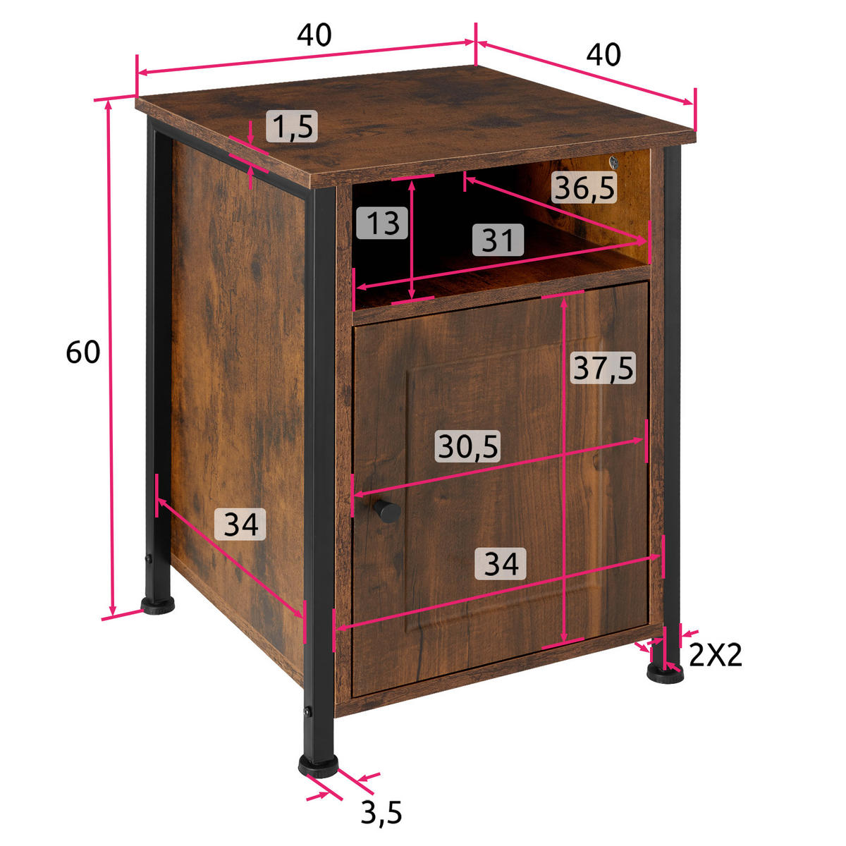 NACHTSCHRANK Blackburn,40 x 42 x 60,5 cm,Industrial Holz dunkel, rustikal - Rostfarben, Holzwerkstoff (40/60.5/42cm) - tectake