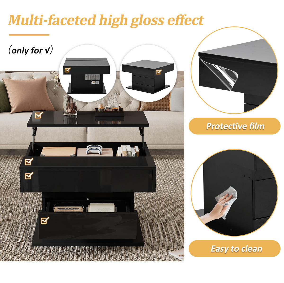 COUCHTISCH 70/70/45 cm schwarz aus Spanplatte mit Hebefunktion und 360° Drehplatte - Schwarz, Holzwerkstoff (70/70/45cm) - OKMYHOME