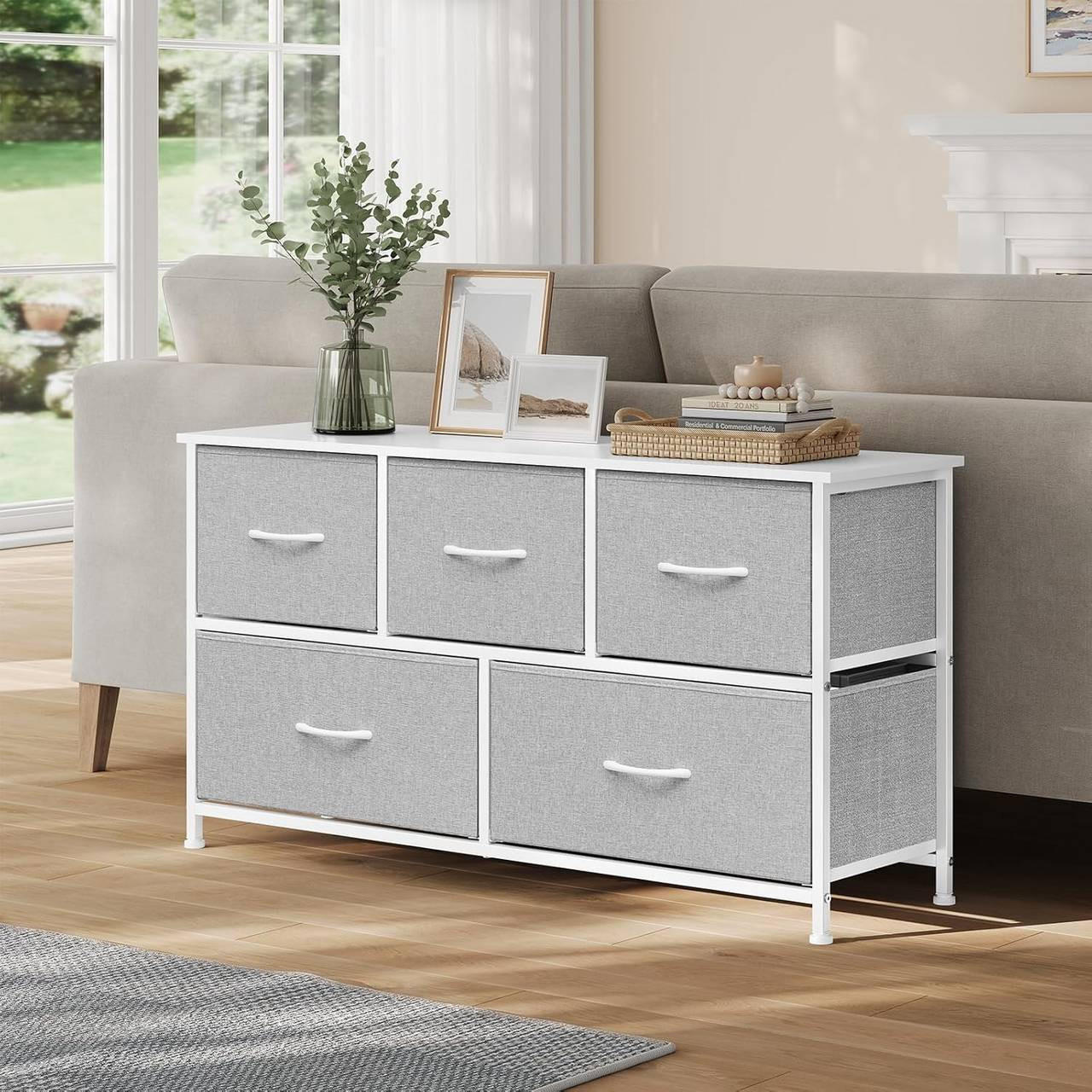 Thumbnail - Woltu Kommodenschrank, Hellgrau, Weiß, Holzwerkstoff, 5 Schubladen, Rechteckig, 100x54x30 cm, Wohnzimmer, Kommoden & Sid...