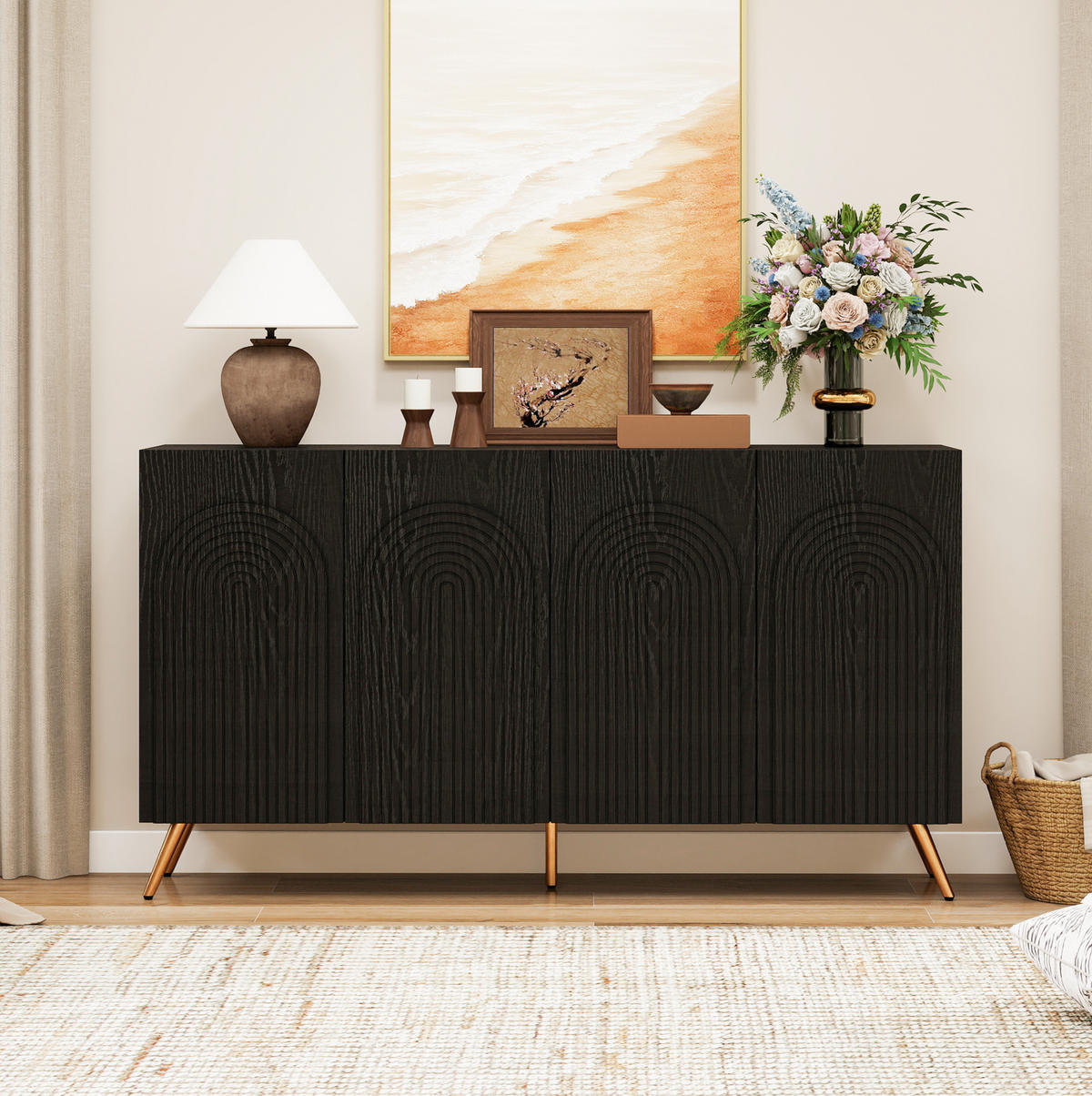 SIDEBOARD aus Holzwerkstoff 150x38x83 cm Schwarz mit verstellbaren Einlegeböden, 3D-Vertikalrillen und Bogentüren - Schwarz, Holzwerkstoff (150/83/38cm) - Modfu