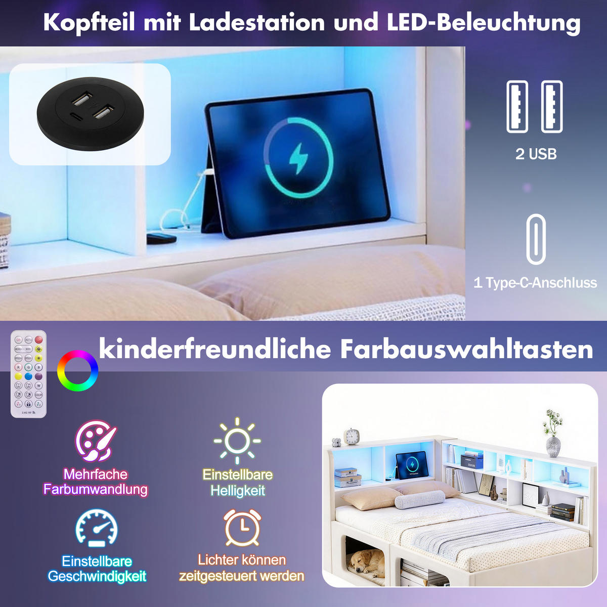 POLSTERBETT aus Samt 90x200 cm in Beige mit LED & USB/Type-C - Beige, Textil (90/200cm) - Modfu