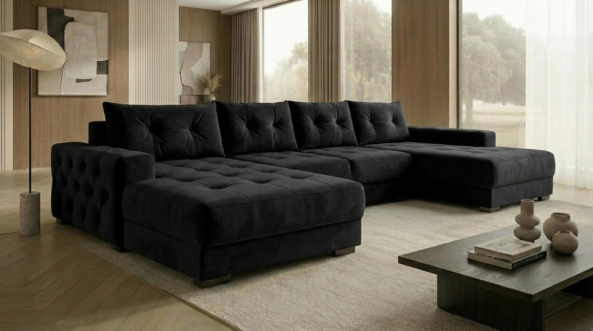 ECKSOFA MODENA 320 cm x 185 cm – Stoff: CASABLANCA Schwarz 16 Farbe: Schwarz - Schwarz, Textil (320/185cm) - A&J MöbelLand