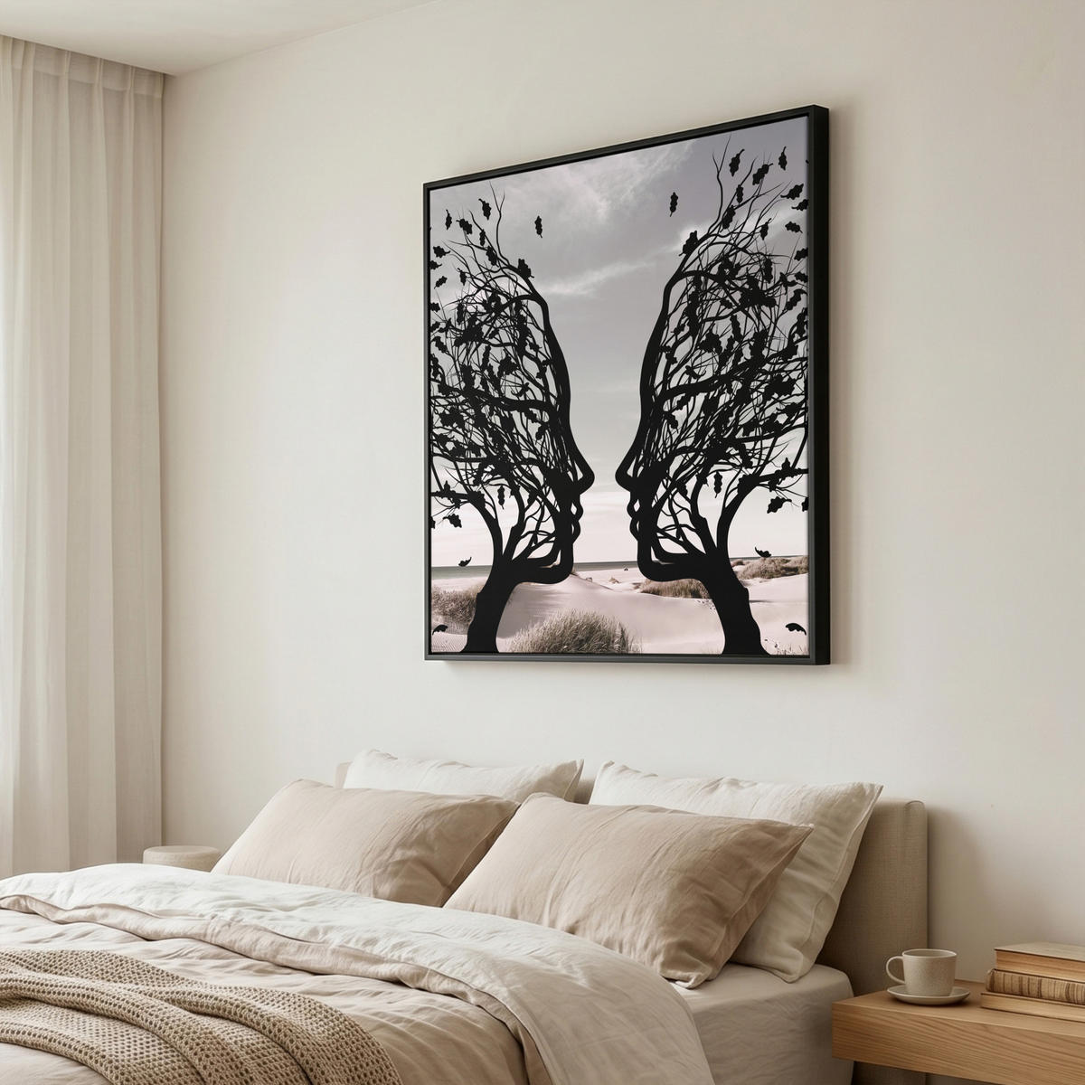 LEINWAND Bilder mit Rahmen - Strand - Meer - Menschen - Baum - Moderne Kunst - 90x90 - Hellgrau, Textil (90/90cm) - MuchoWow