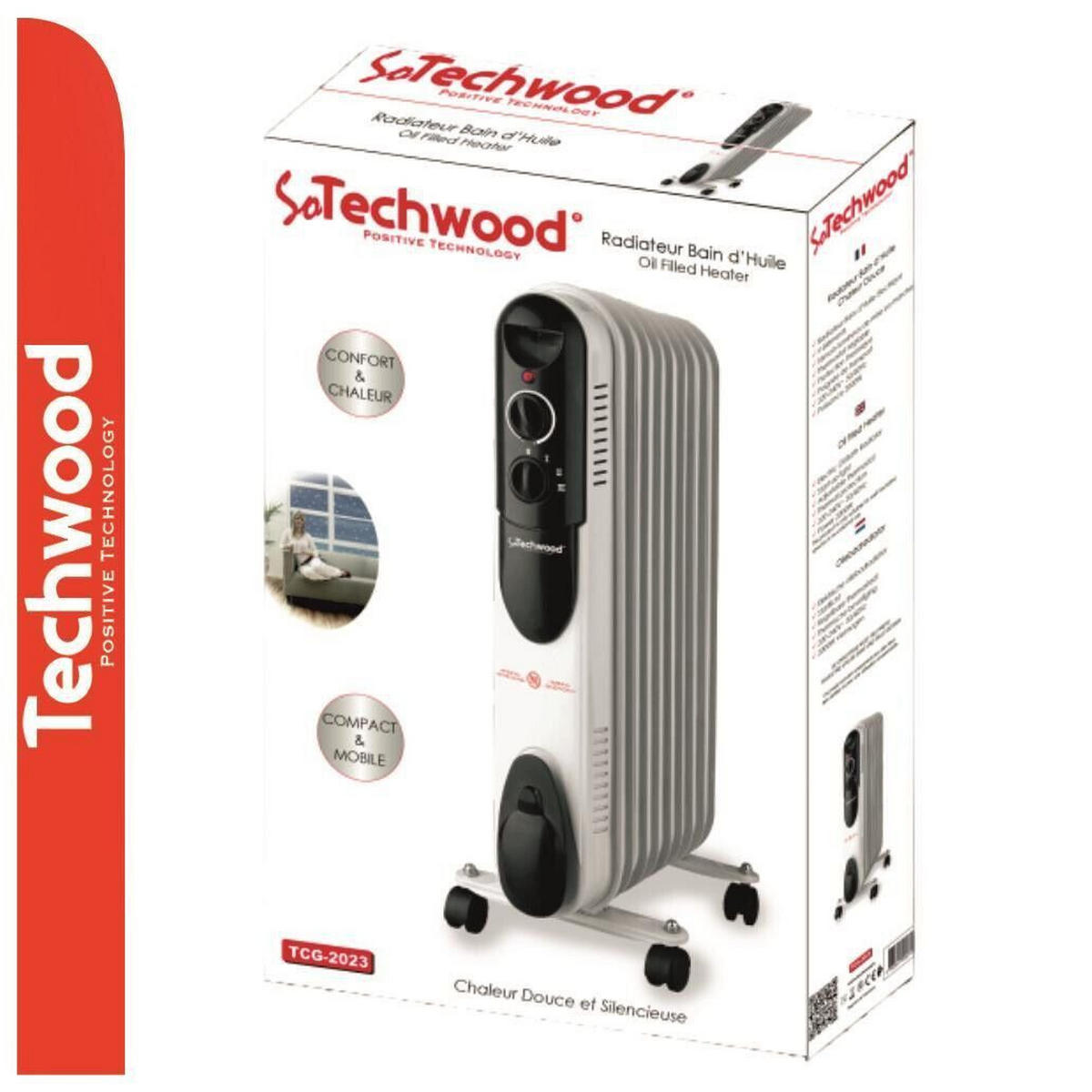 ÖLRADIATOR – Techwood – 2000 W, Heizkörper mit Thermostat, Mobiler Heizlüfter, Konvektionswärme, Überhitzungsschutz, Rollen, Weiß, Elektroheizer - Weiß, Metall (24/63/45cm)