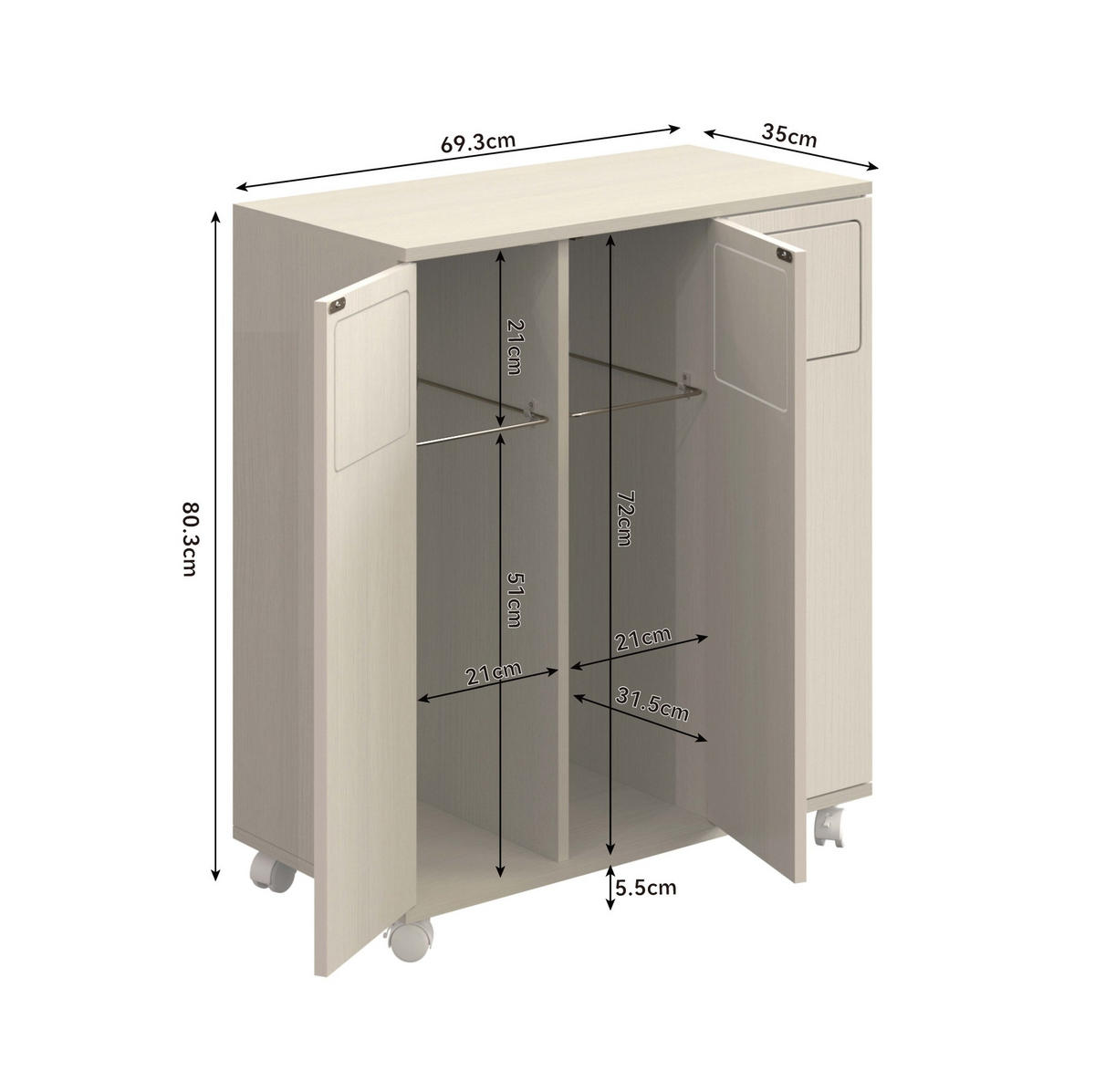 KOMMODE 69,3/35/80 cm aus MDF mit 3 Fächern, 180°-Türen und Rollen, Weiß - Weiß, Holzwerkstoff (70/80/35cm) - Redom