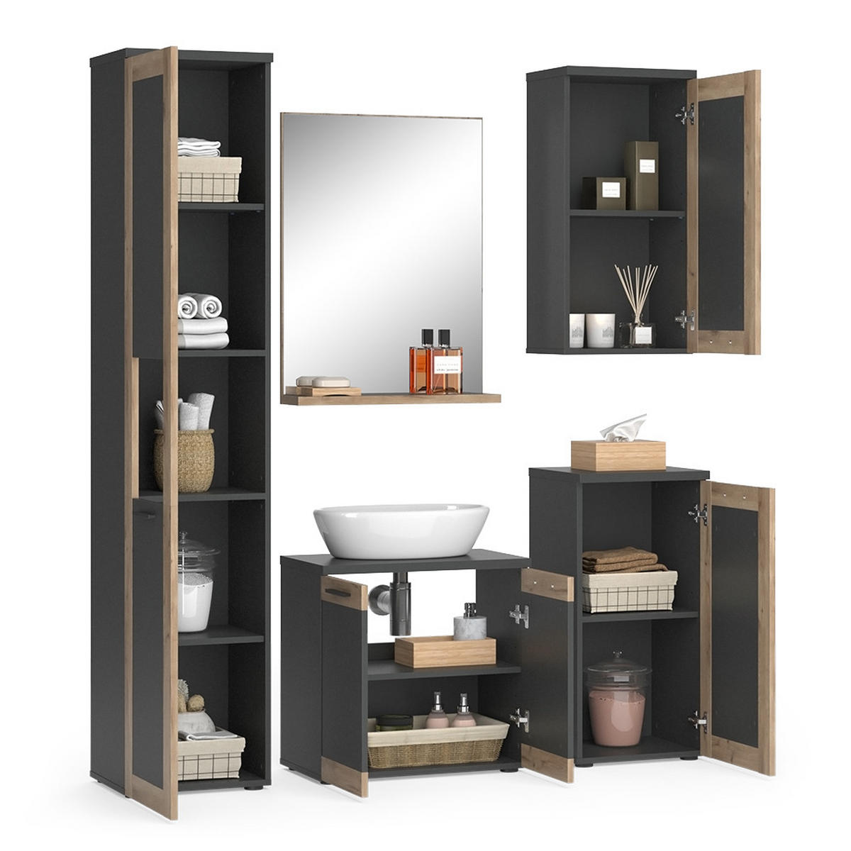 BADMÖBEL-SET Niko Anthrazit/Viking Oak Komplettset - Eichefarben/Anthrazit, Holzwerkstoff (60/59.1/34.3cm) - Vicco