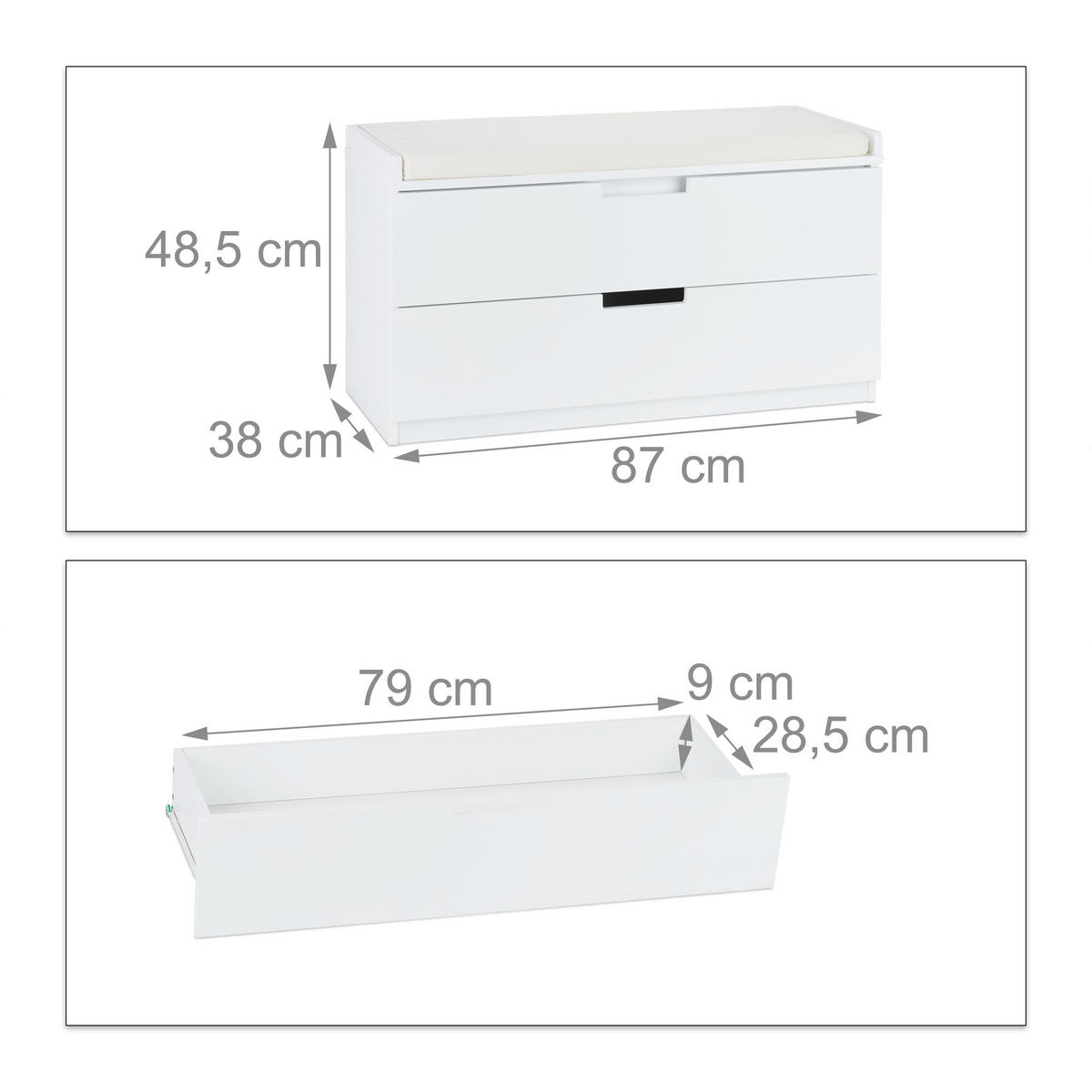 SITZKOMMODE - Weiß, Holzwerkstoff/Textil (87/48.5/38cm) - Relaxdays
