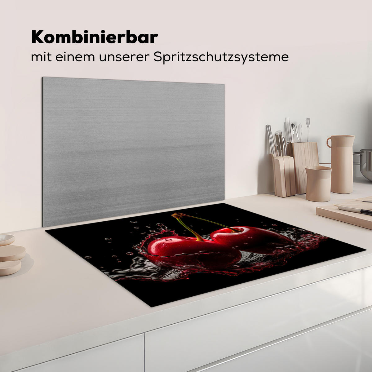 HERDABDECKPLATTE Kirsche - Rot - Frucht - Wasser - Schwarz Induktionsmatte 77x59 cm - Kirschrot, Kunststoff (77/59/0.2cm) - MuchoWow