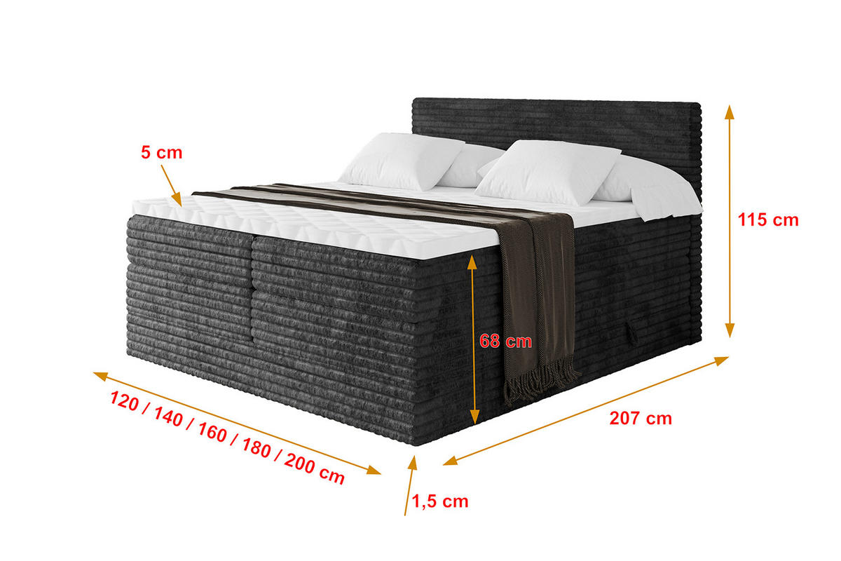 BOXSPRINGBETT mit Matratze H3|H4 und Lattenrost - TOLO KING-v1 120x200 Cord - Schwarz - Schwarz, Holzwerkstoff (120/200cm)