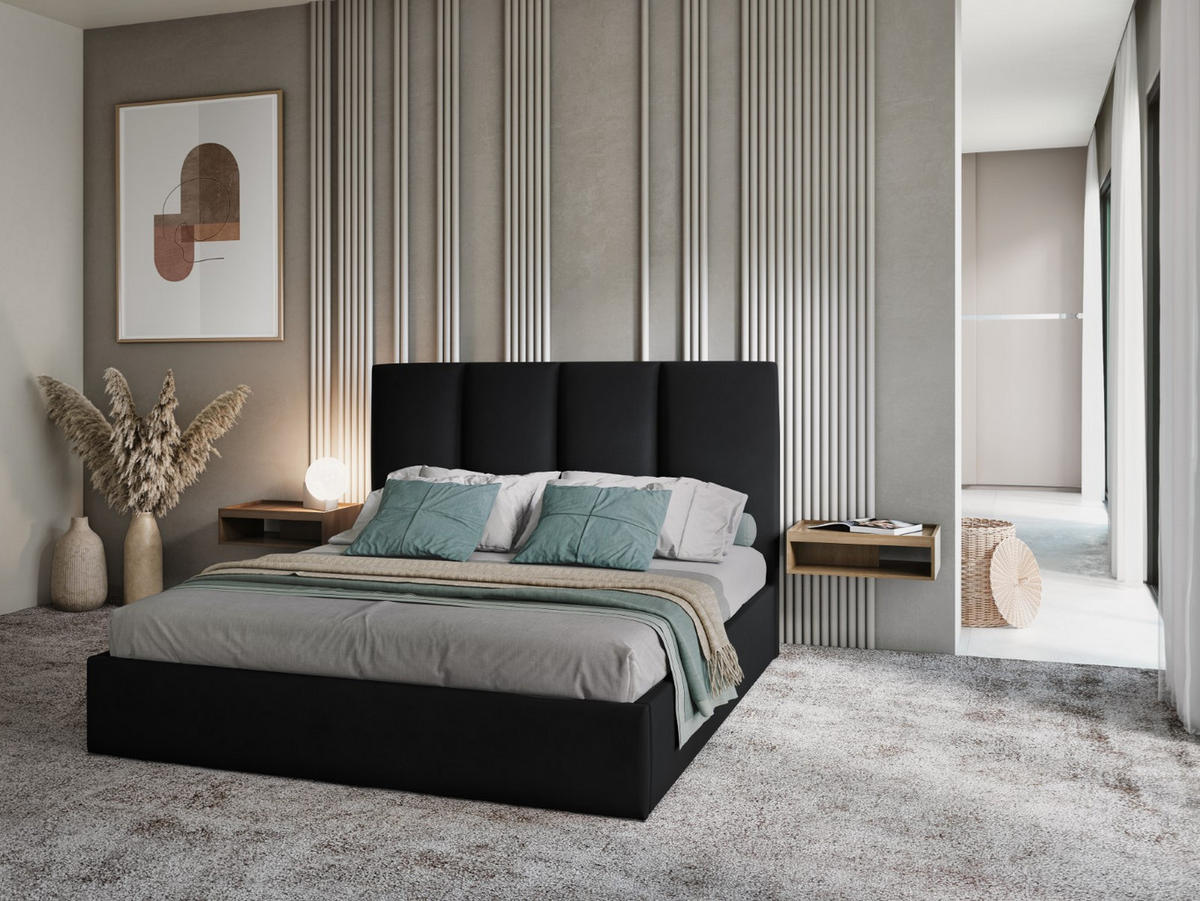 BETT mit Bettkasten und Kopfteil Pyla aus Samt schwarz 160x200cm - Schwarz, Textil (160/200cm) - Micadoni