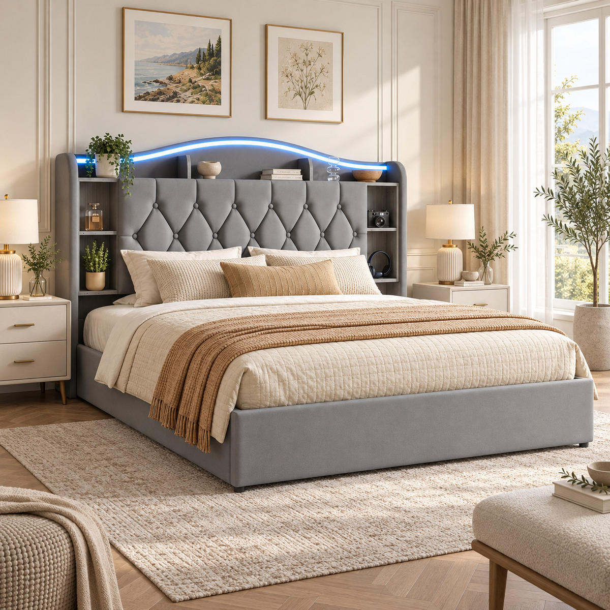 POLSTERBETT 140/190 cm mit Stauraum-Bettkasten, Ablagekopfteil mit Seitenfächern, mehrfarbigem LED-Licht & USB-Anschluss, grauer Stoffbezug - Grau, Holz/Metall (140/190cm) - Joyfair