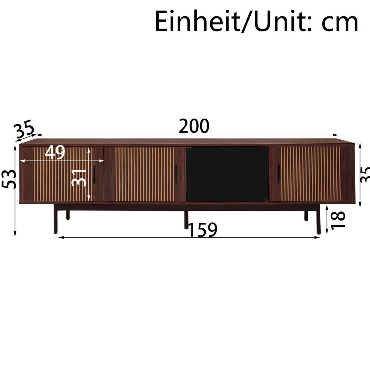 LOWBOARD 200/35/53 cm in Schwarz/Walnussbraun mit LED-Beleuchtung und Glastüren - Schwarz, Holzwerkstoff (200/53/35cm) - Flora Grace