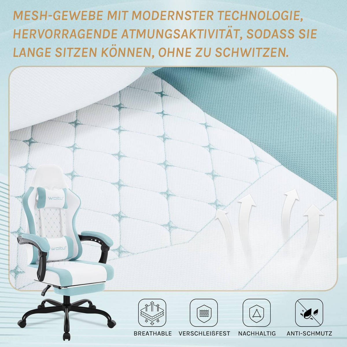 GAMINGSTUHL mit Massagefunktion, Netzstoff, Weiß+Blau - Blau/Schwarz, Textil/Metall (70/127/70cm) - Woltu