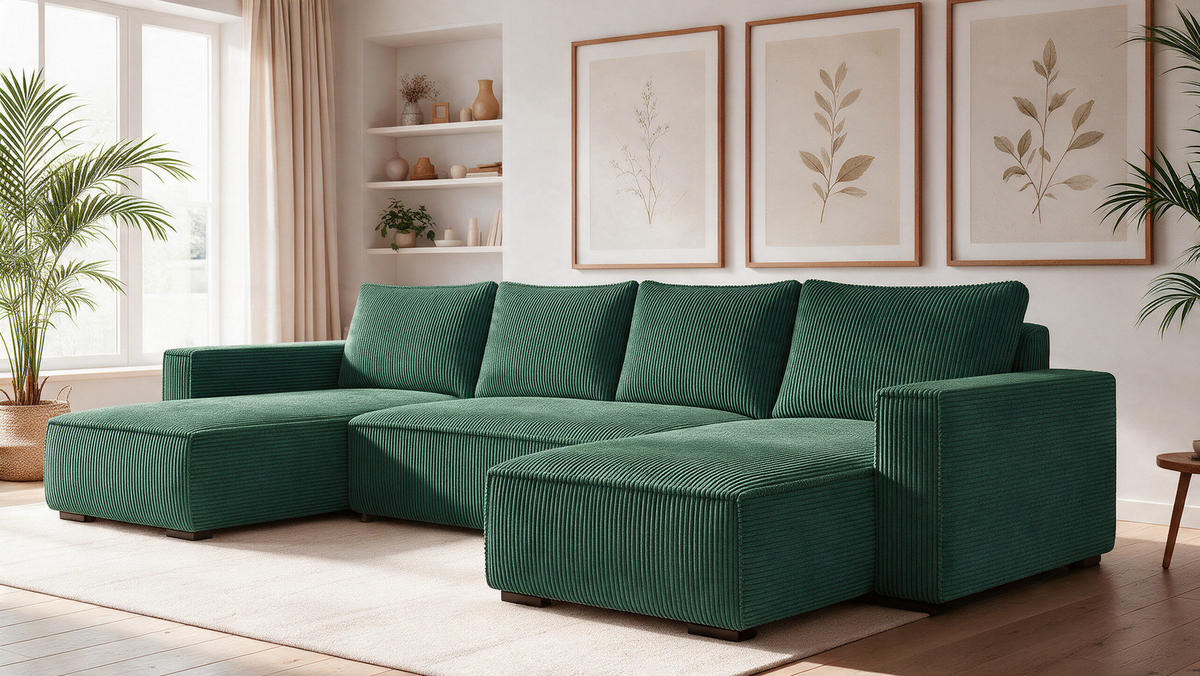 WOHNLANDSCHAFT CUDDY U mit Schlaffunktion und Bettkasten, Farbe: Grün, Cordstoff - Grün, Textil (305/85/140cm) - Storez24