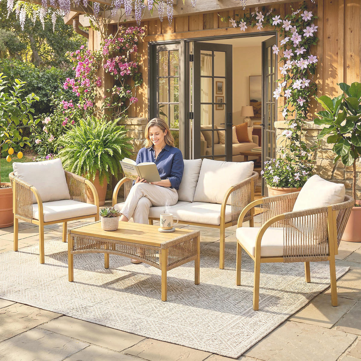 GARTENLOUNGE-SET 4tlg. DE-13719 mit Sofa & 2 Sesseln Kaki - Mokka, Metall - ComfortXL