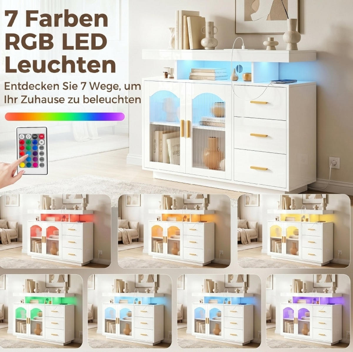 SIDEBOARD aus Holz 100x35x80 cm Weiß mit RGB-LED, 3 Schubladen, Steckdosen und USB-Anschlüssen - Weiß, Holz (100/80/35cm) - IVMEU