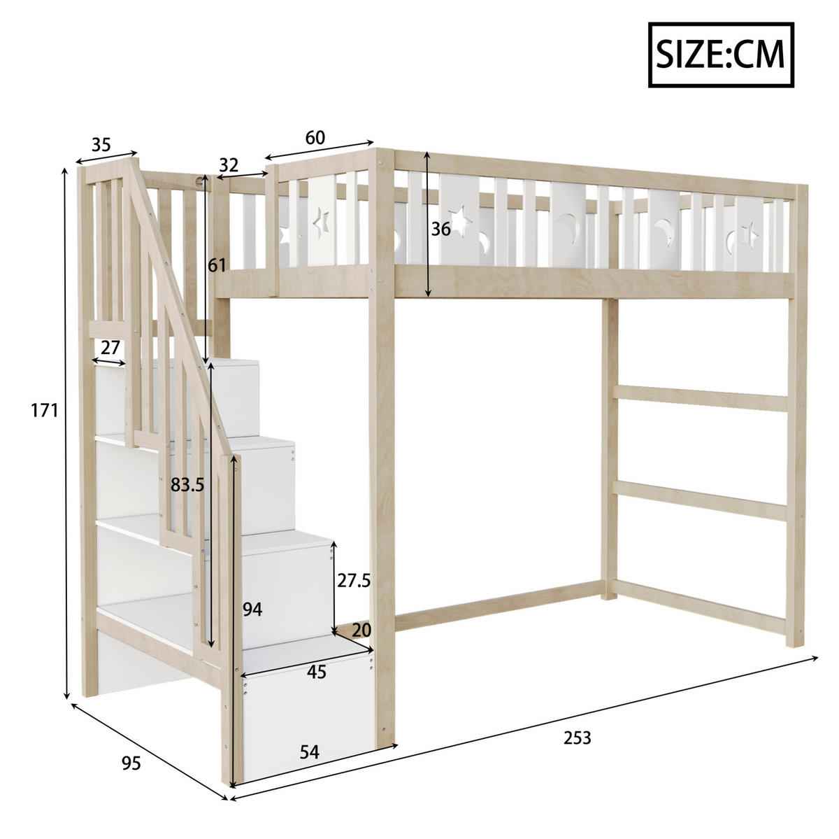 HOCHBETT 90/200 cm aus Massivholz mit Stauraumtreppe Natur/Weiß - Naturfarben, Holz (90/200cm) - Modenvie