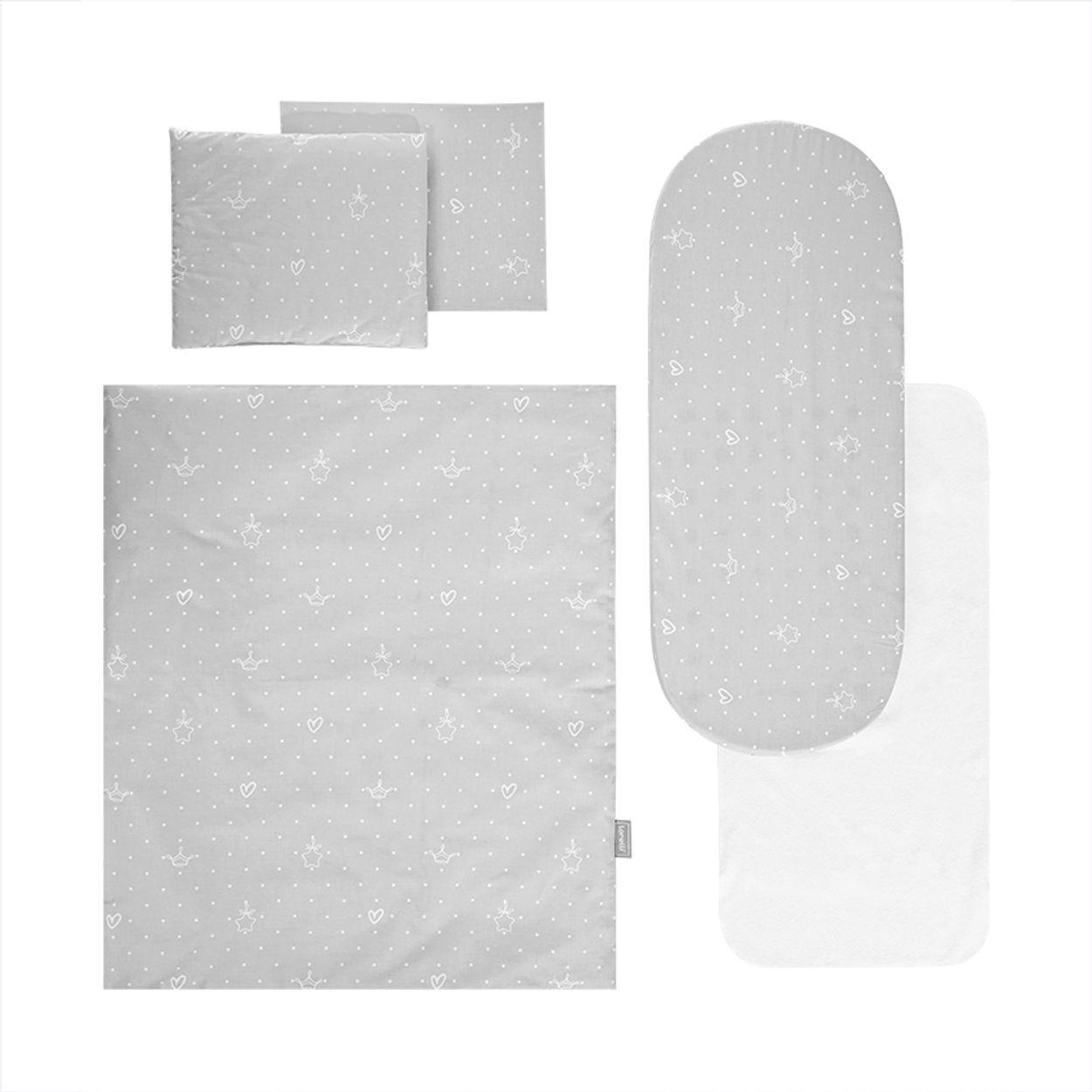KINDERWAGEN Bettwäsche-Set 2080117 grau gemustert 5-teilig, Decke 78 x 62 cm, Kissen 35 x 25 cm, 100% Baumwolle - Silberfarben, Textil (62/1/78cm) - Lorelli