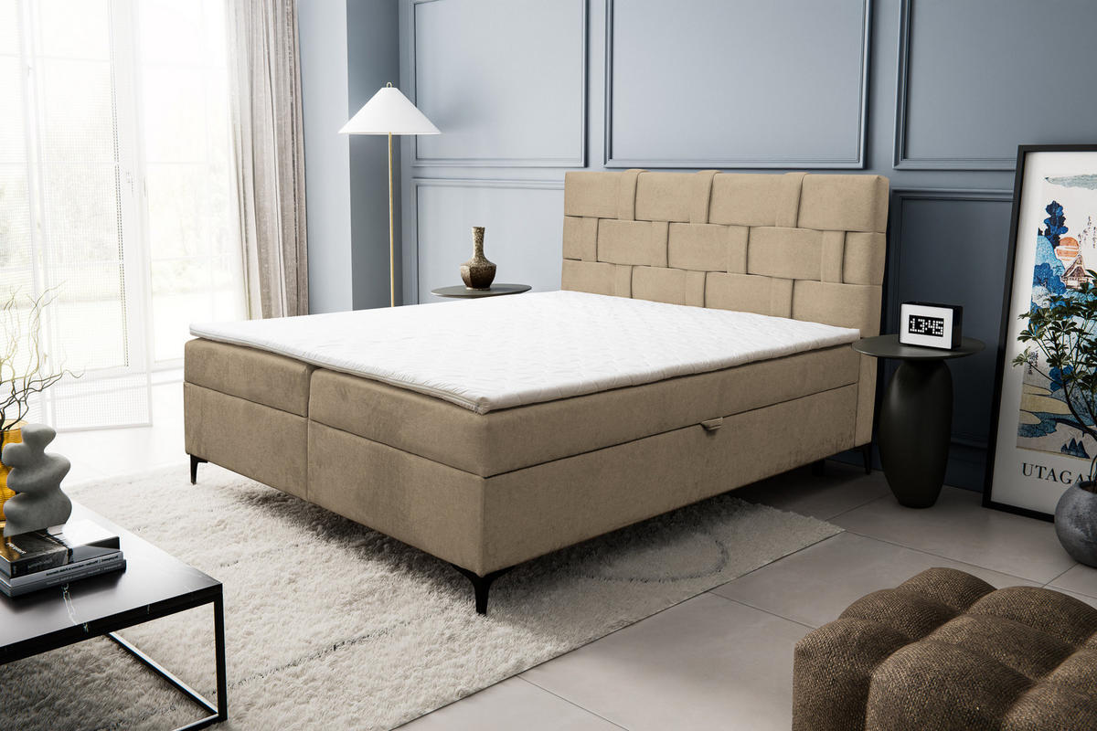 BOXBETT Charlotte mit 2 Bettkästen, Maße: 160x200 cm, Farbe: Braun, Velourstoff, mit Bonell-Matratze inkl. Topper - Braun, Holz/Kunststoff (160/200cm) - VENASI MÖBEL