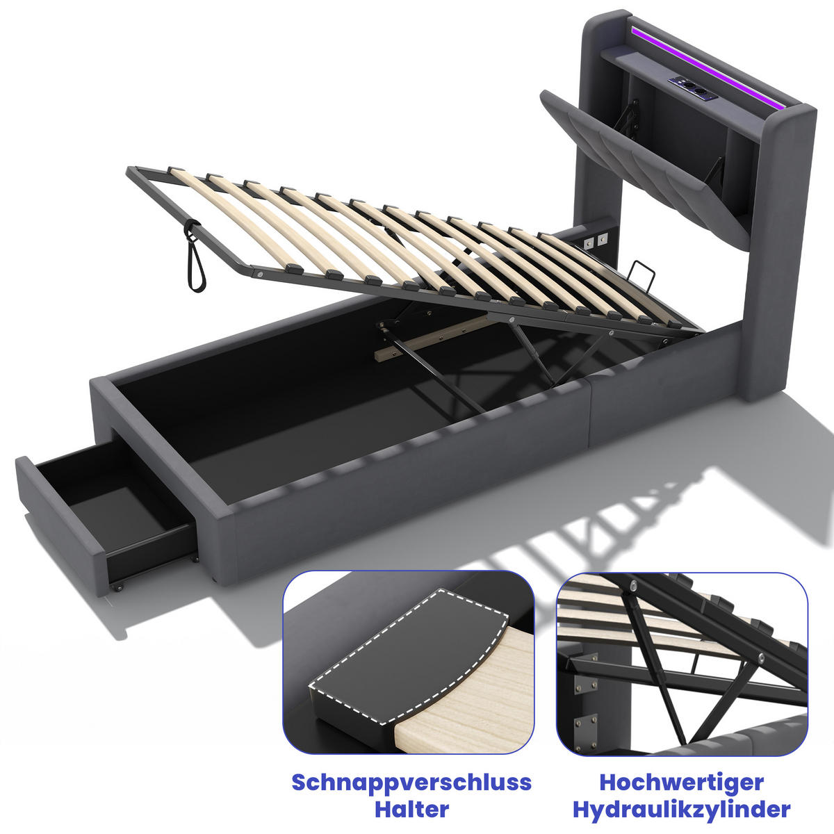 POLSTERBETT 90/200 cm Grau mit LED-Lichtleiste und USB-Anschlüssen - Grau, Holzwerkstoff (90/200cm) - OKWISH